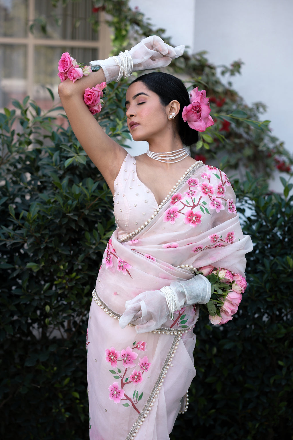 Handpainted and Hand embroidered Powder Pink Pure Silk Organza Cherry Blossom Saree