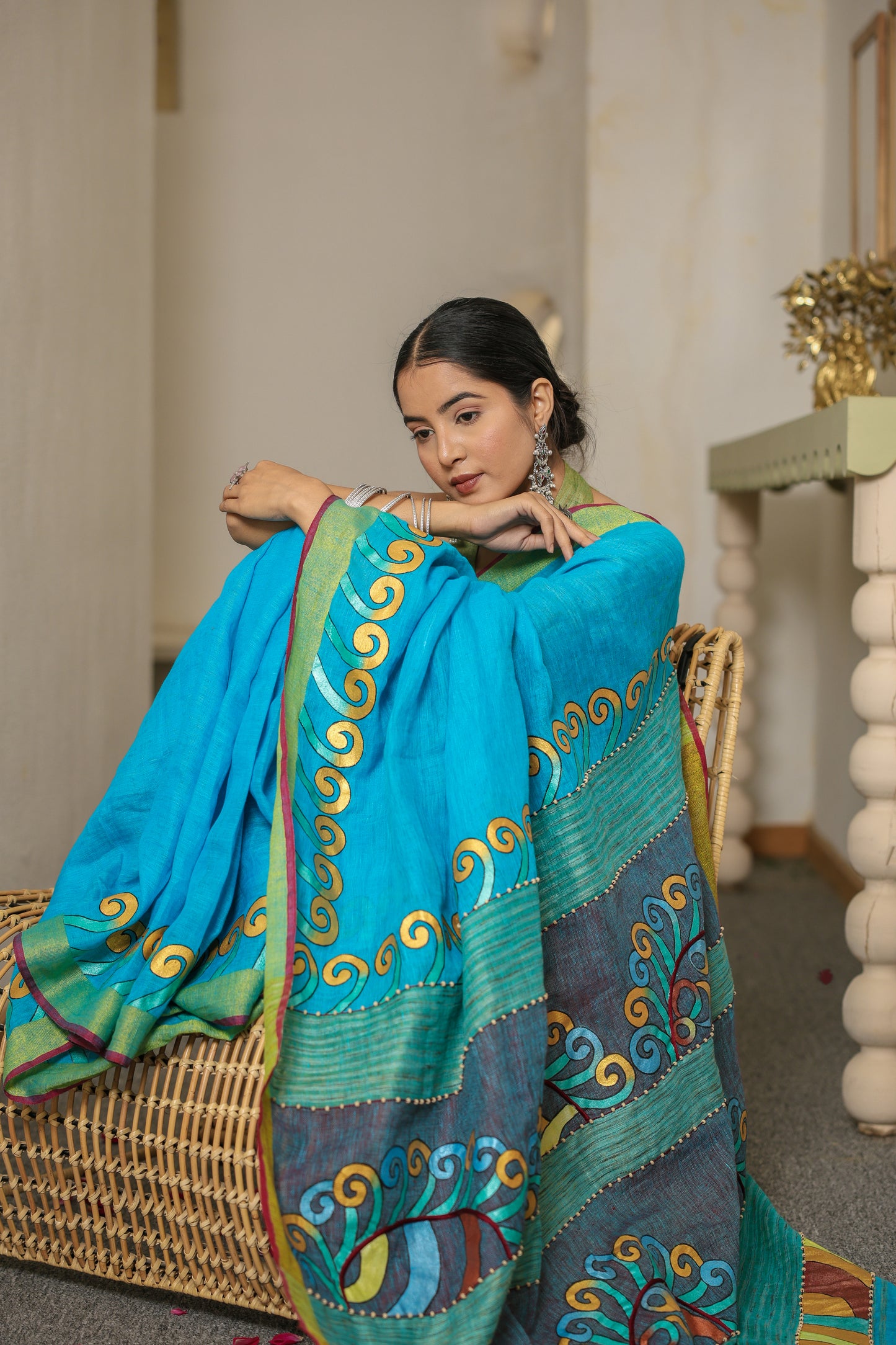 Hand-painted turquoise blue handloom linen saree