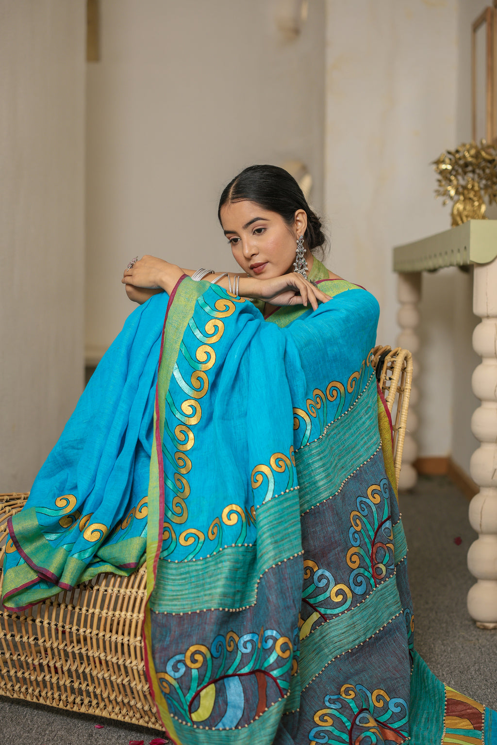 HandPainted and Hand embroidered Turquoise Blue Linen Saree