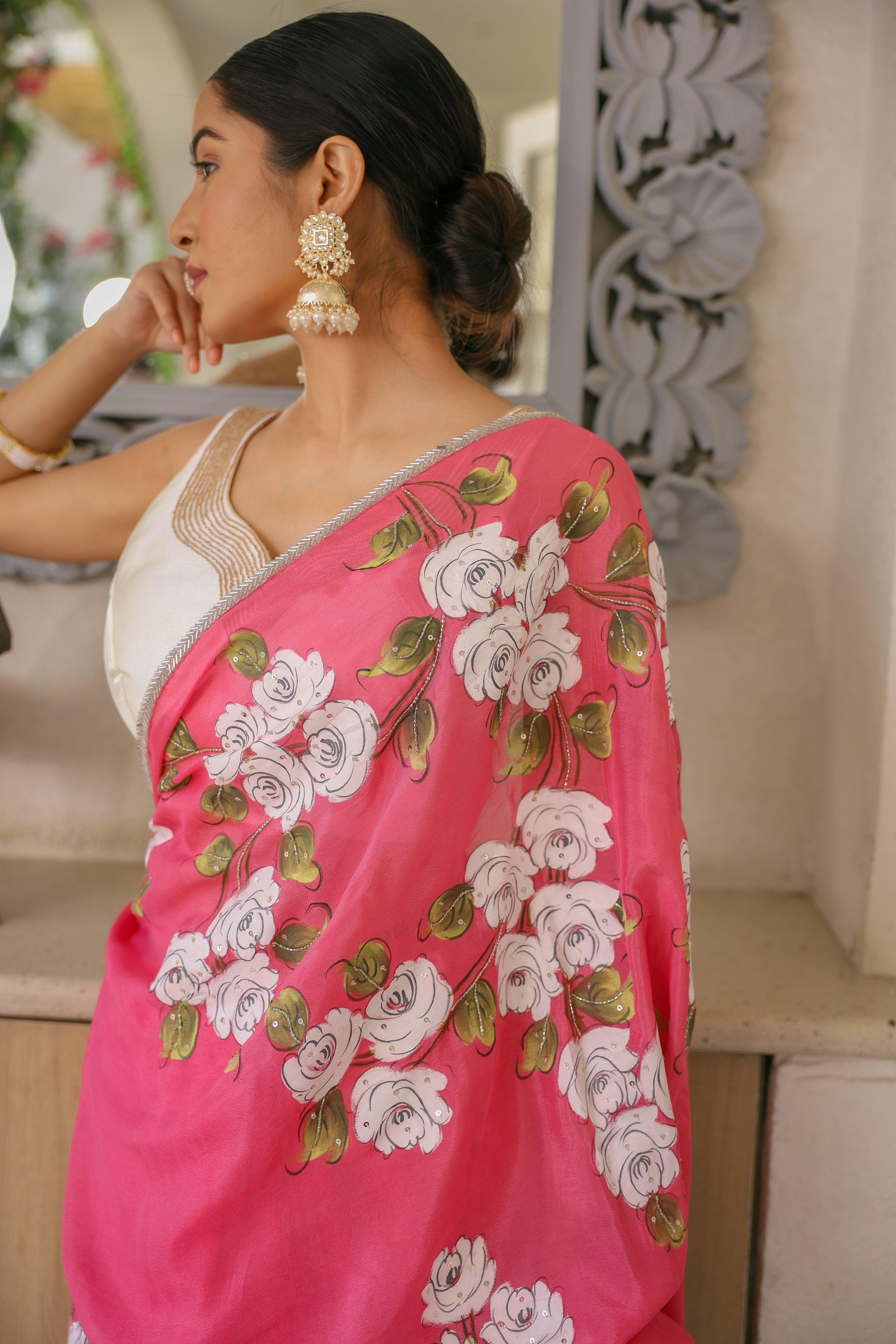 Handpainted and Handembroidered Pink Chinon Crepe Saree