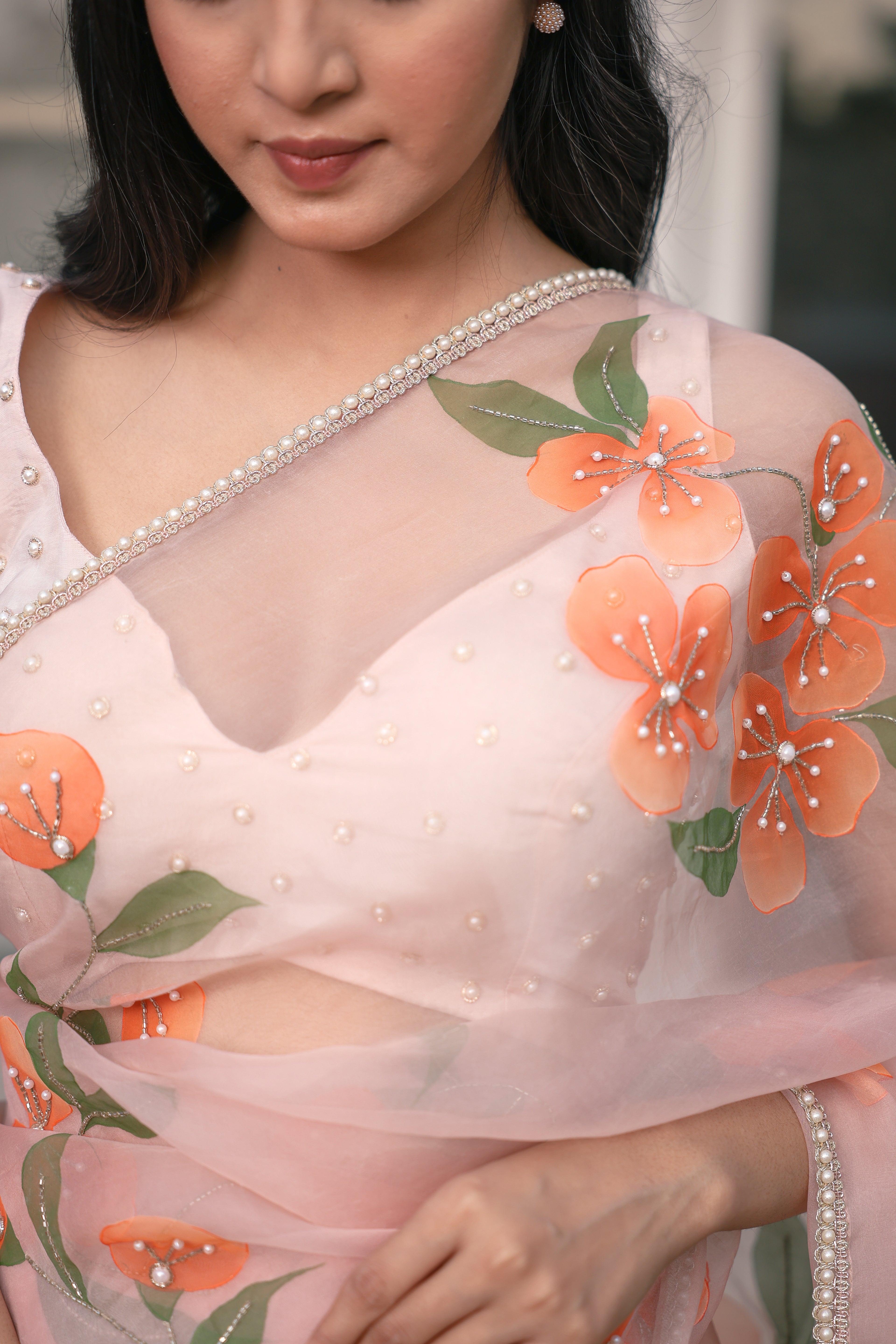 Handpainted and Handembroidered peach Pure Silk Organza Floral Saree