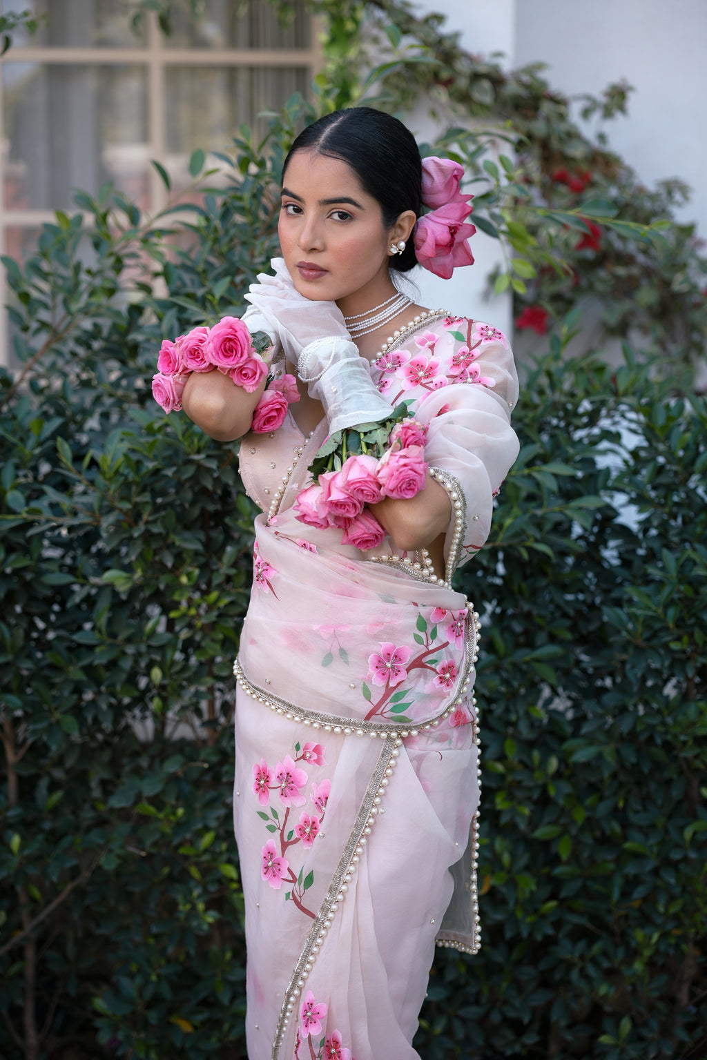 Handpainted and Hand embroidered Powder Pink Pure Silk Organza Cherry Blossom Saree