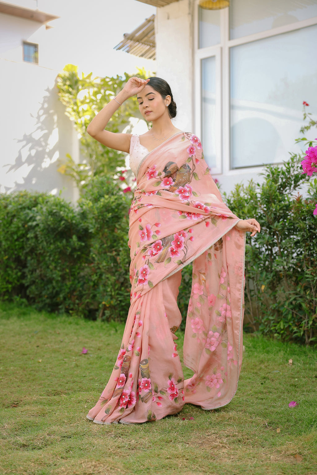 HandPainted and Hand embroidered Rose Gold Chinon Crepe Flower and Bird Saree