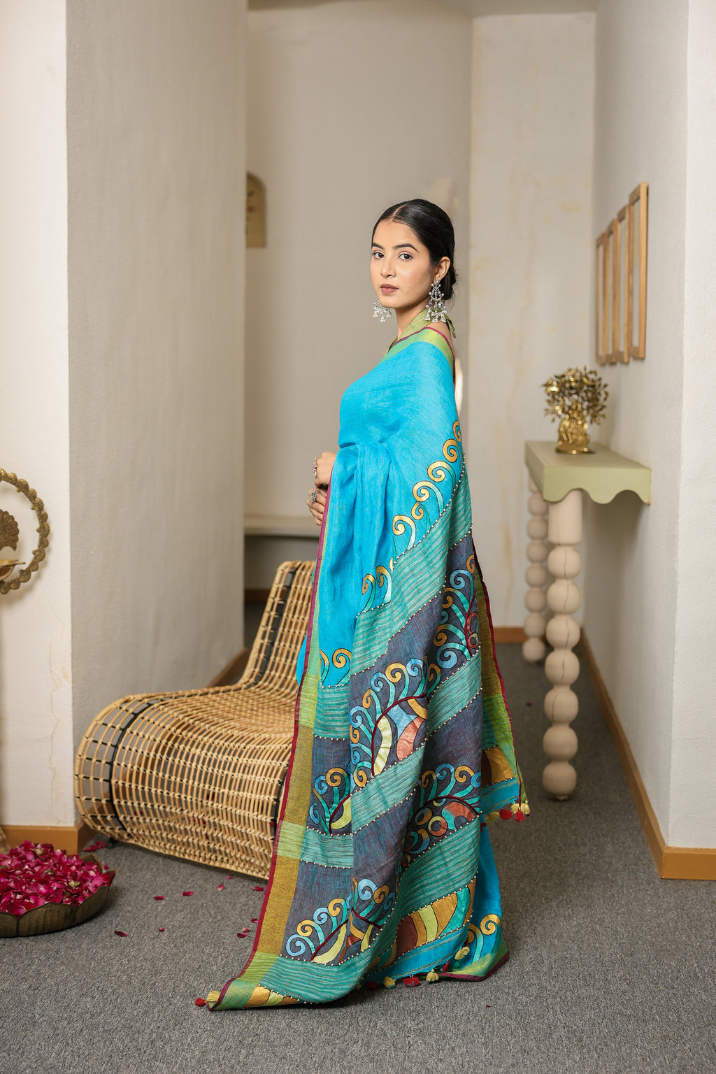 Turquoise Blue Hand-Painted Linen Saree with Thread & Wooden Bead Work