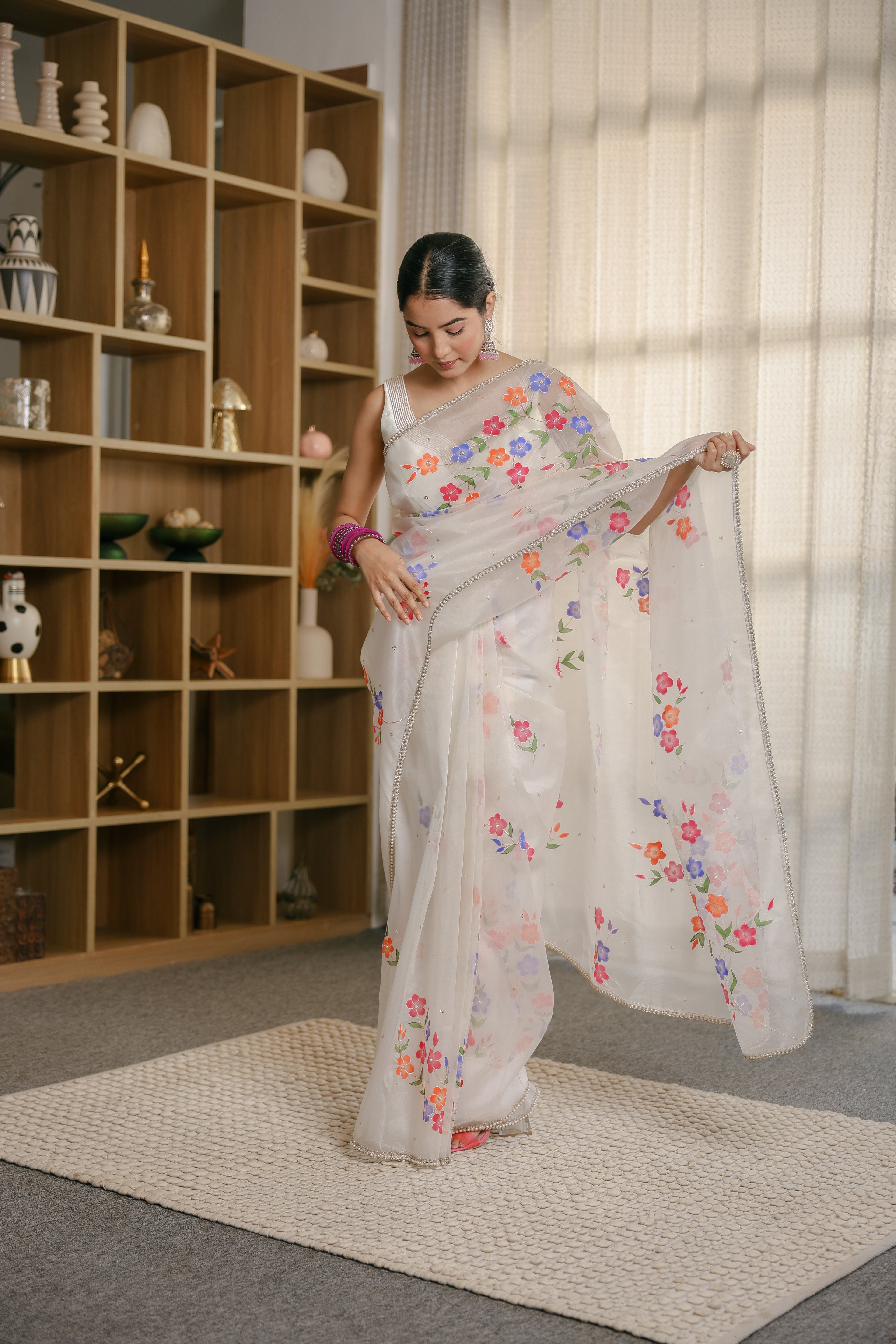 White Hand-Painted Pure Silk Organza Saree with Pearl & Sequin Embroidery