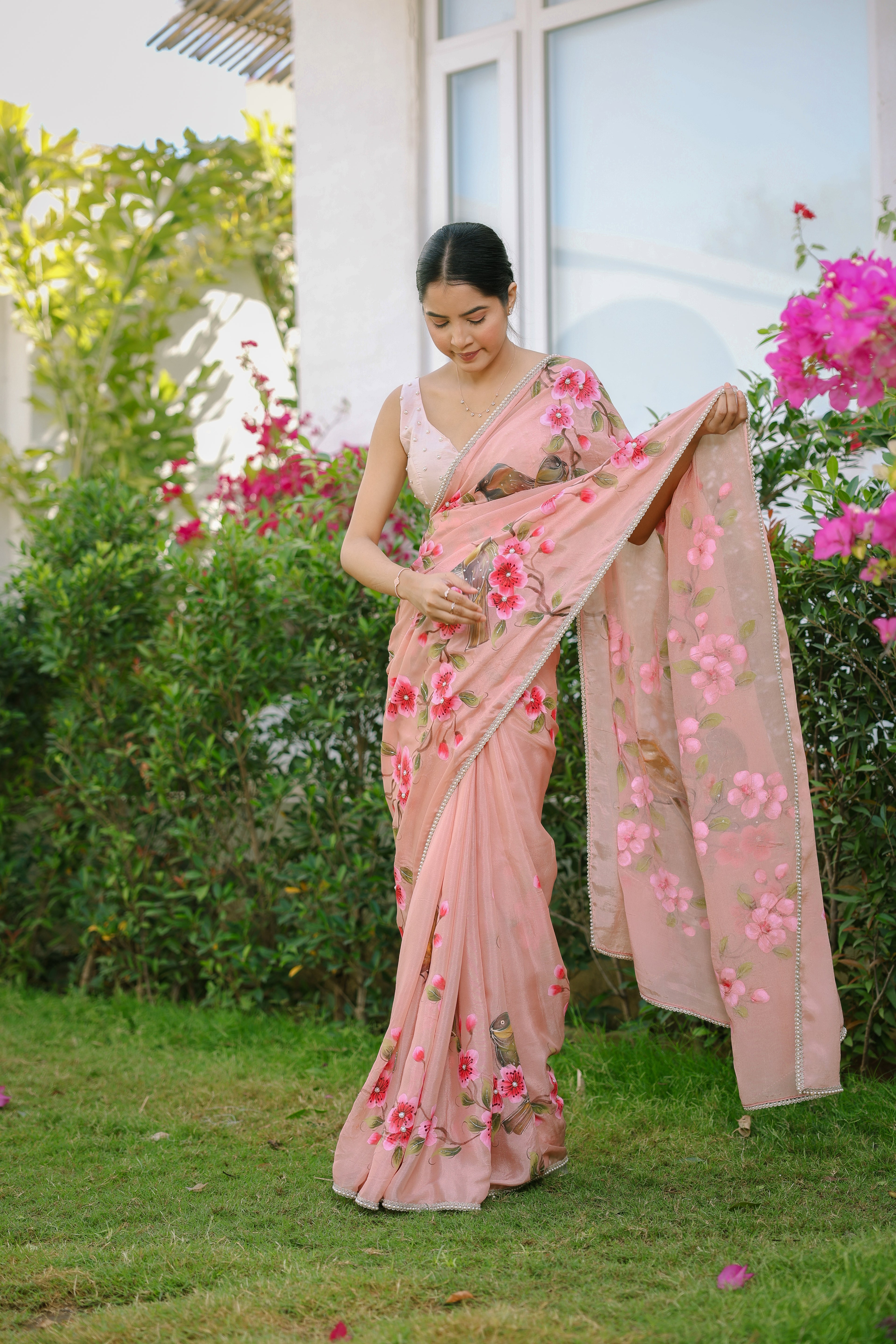 HandPainted and Hand embroidered Rose Gold Chinon Crepe Flower and Bird Saree