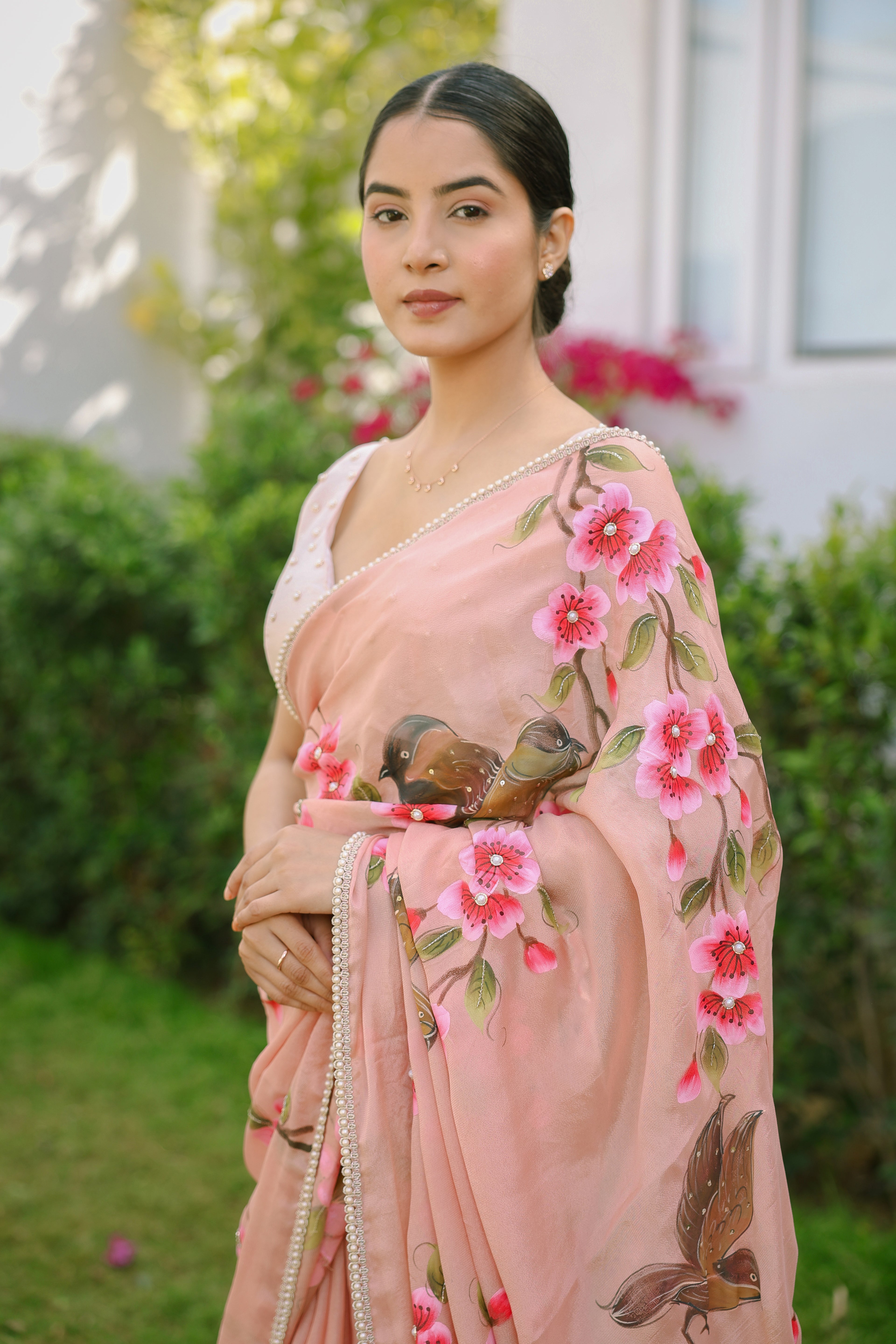 HandPainted and Hand embroidered Rose Gold Chinon Crepe Flower and Bird Saree