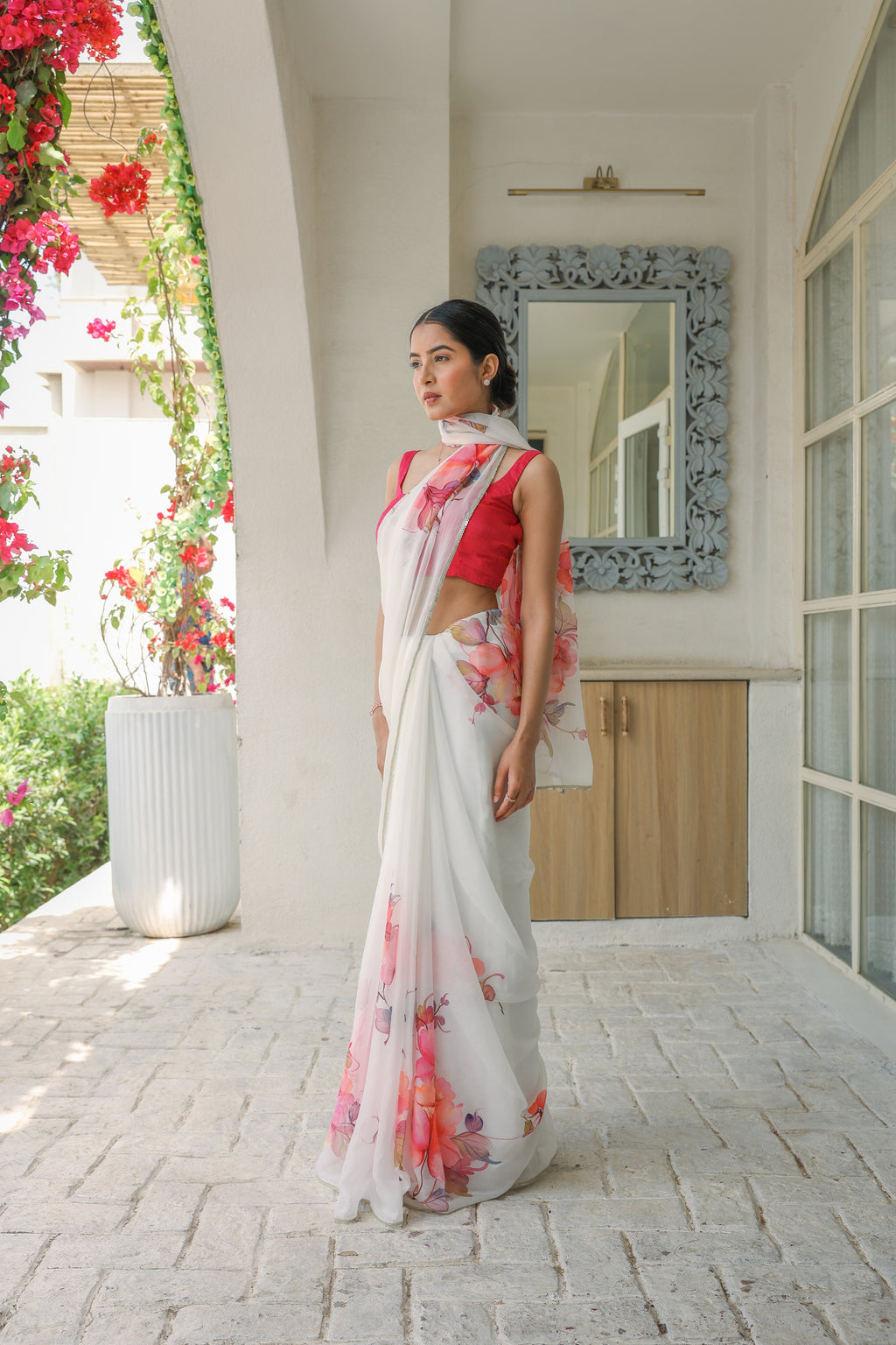 Handpainted and Handembroidered White Chiffon Floral Saree
