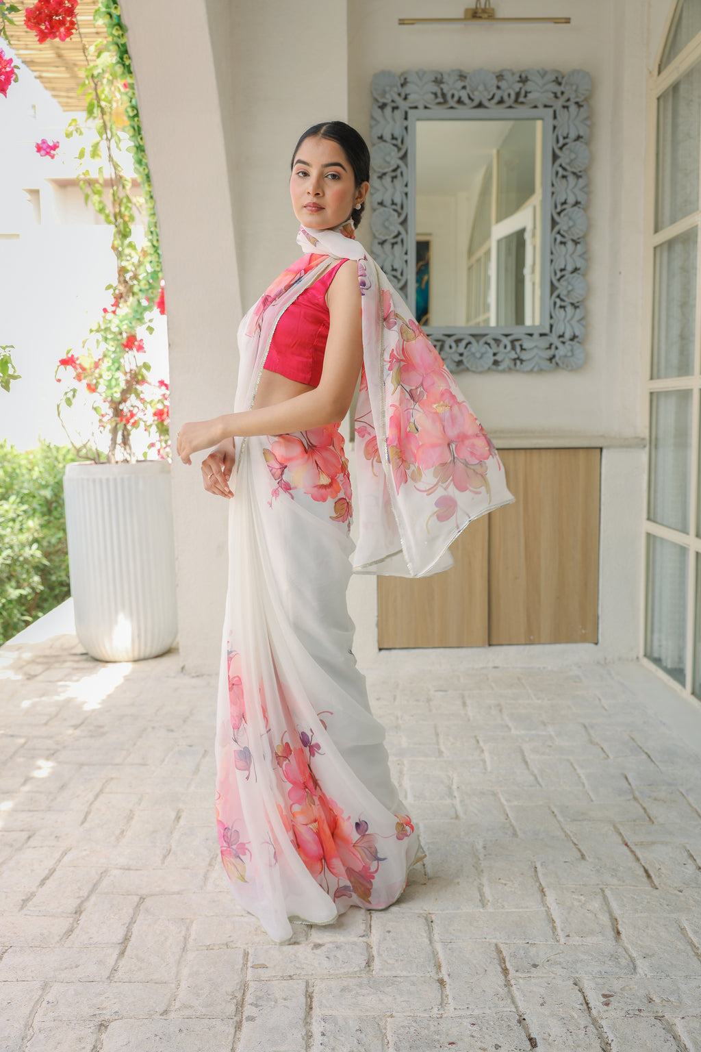 Handpainted and Handembroidered White Chiffon Floral Saree