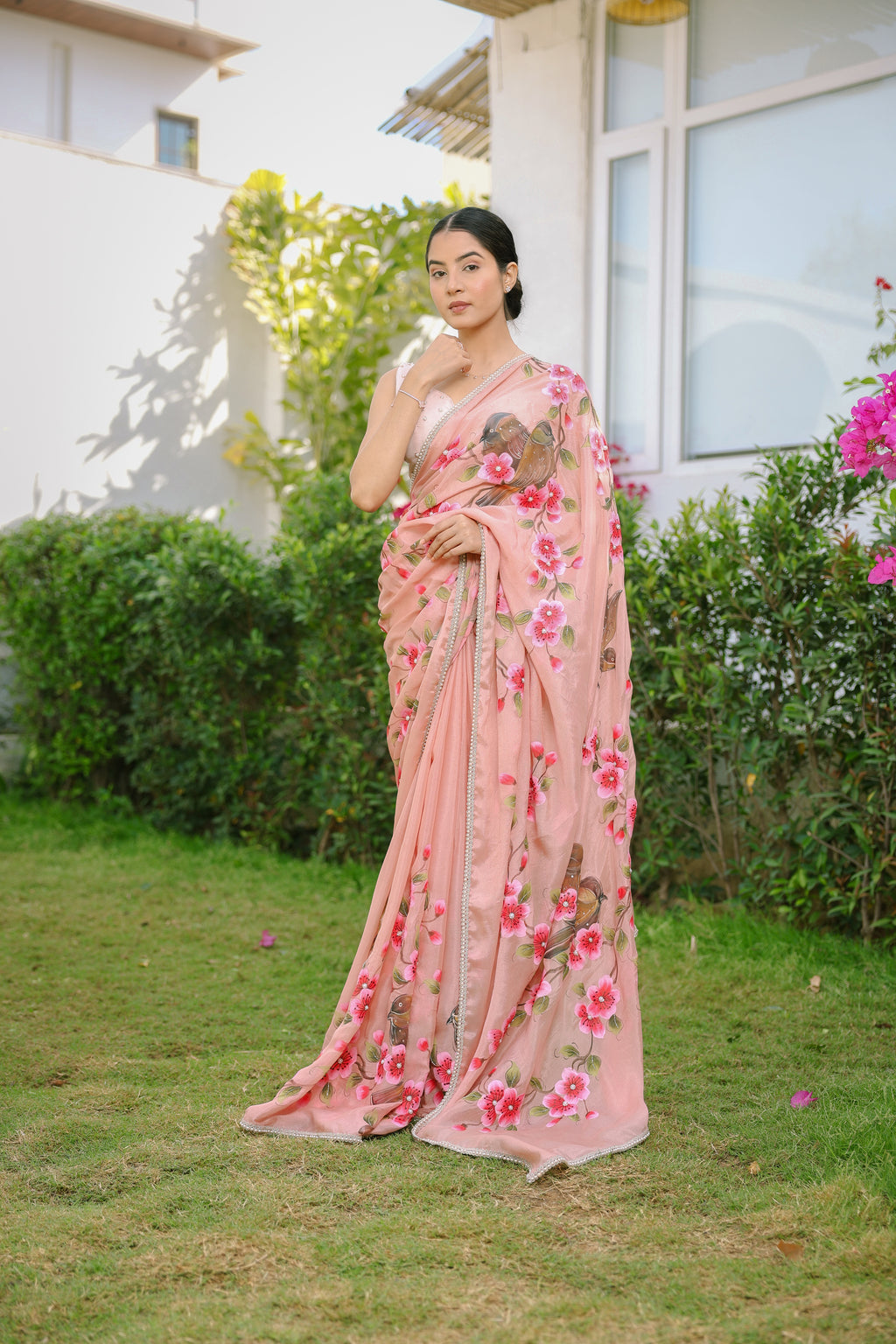 HandPainted and Hand embroidered Rose Gold Chinon Crepe Flower and Bird Saree