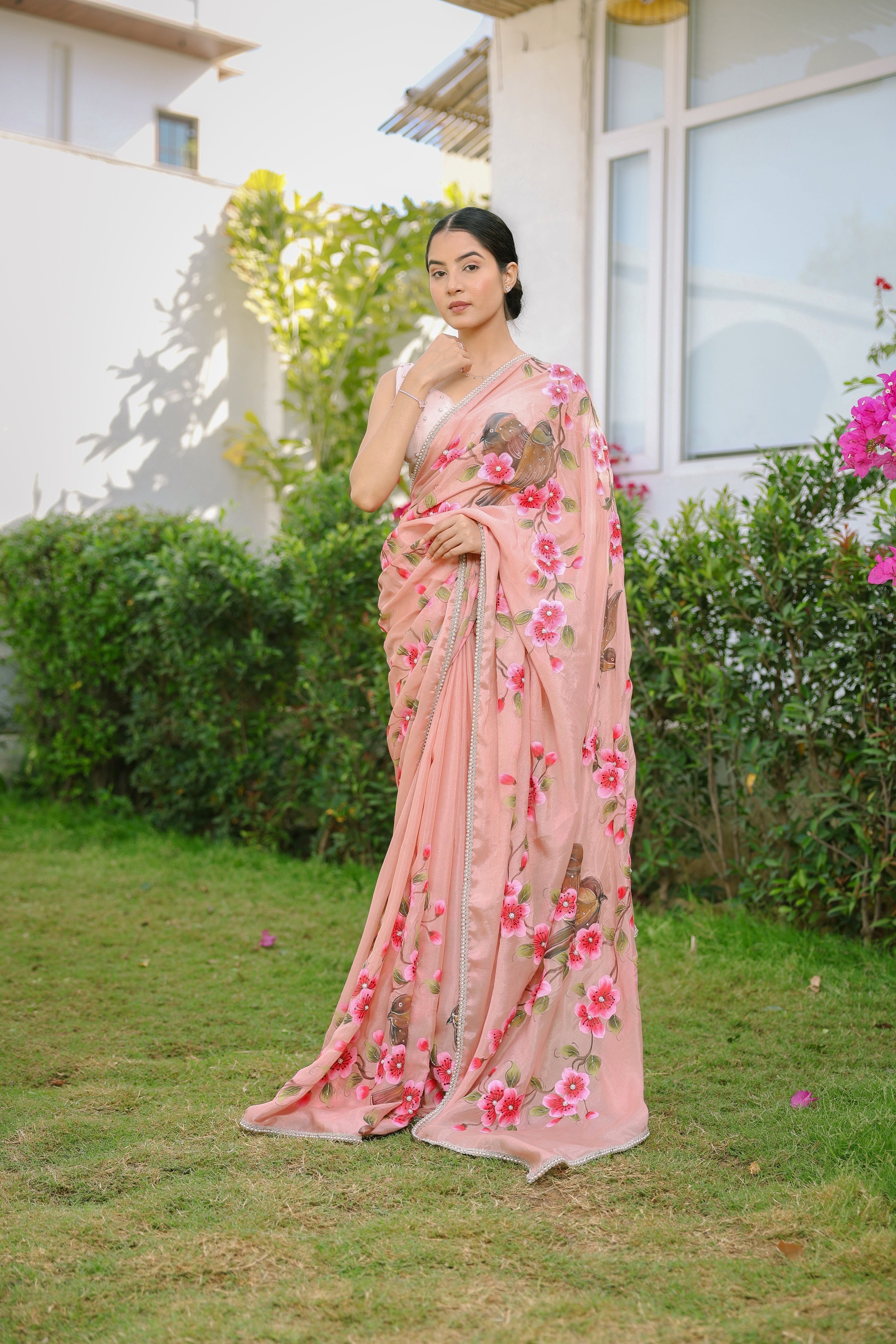 HandPainted and Hand embroidered Rose Gold Chinon Crepe Flower and Bird Saree