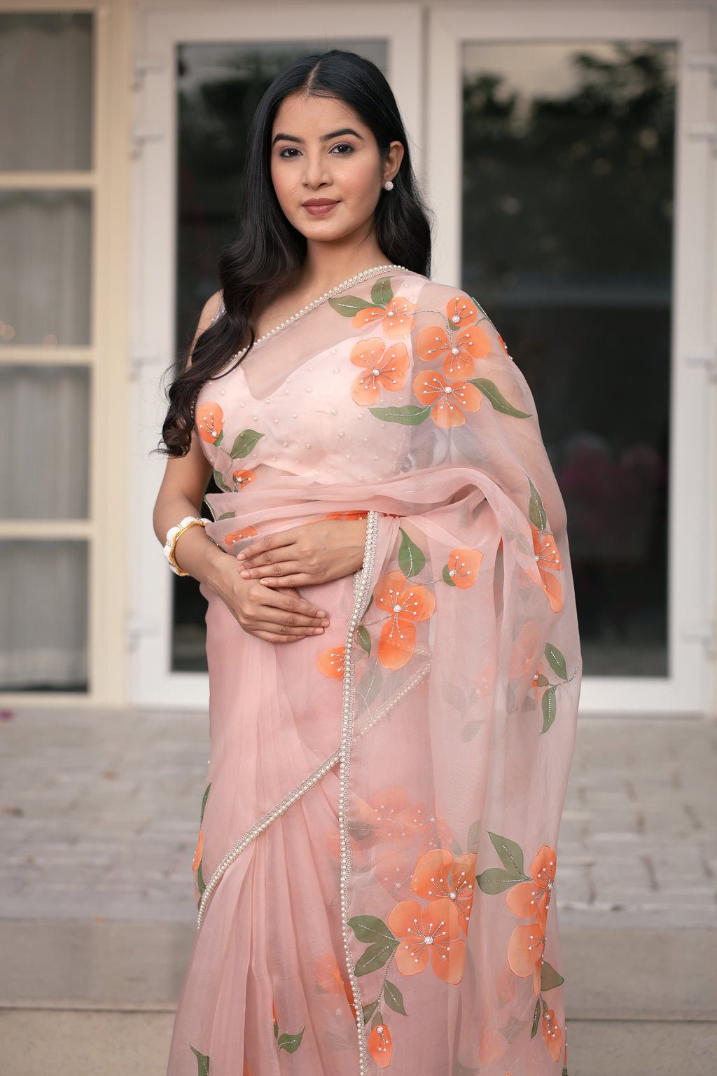 Handpainted and Handembroidered peach Pure Silk Organza Floral Saree