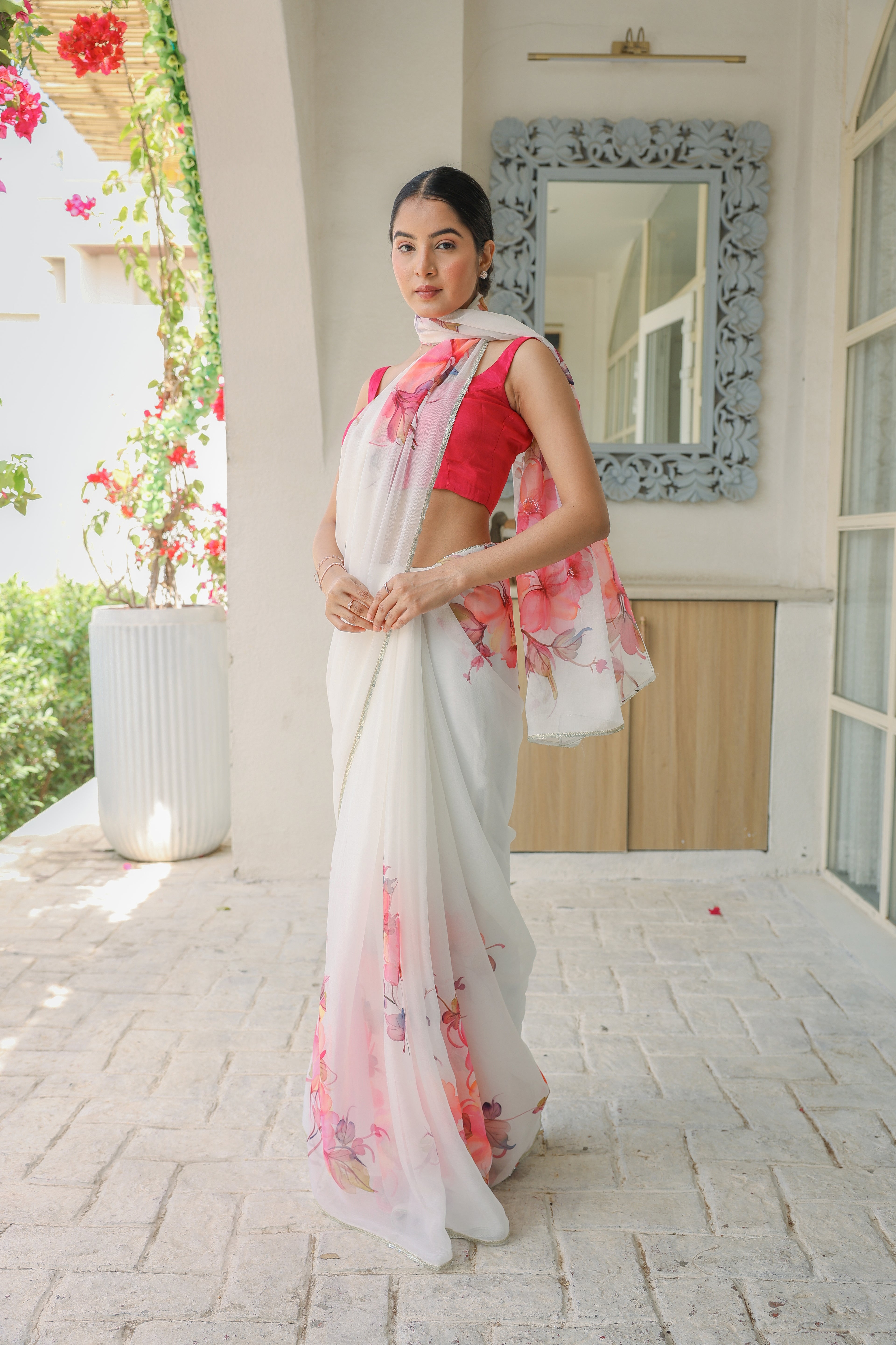 Handpainted and Handembroidered White Chiffon Floral Saree