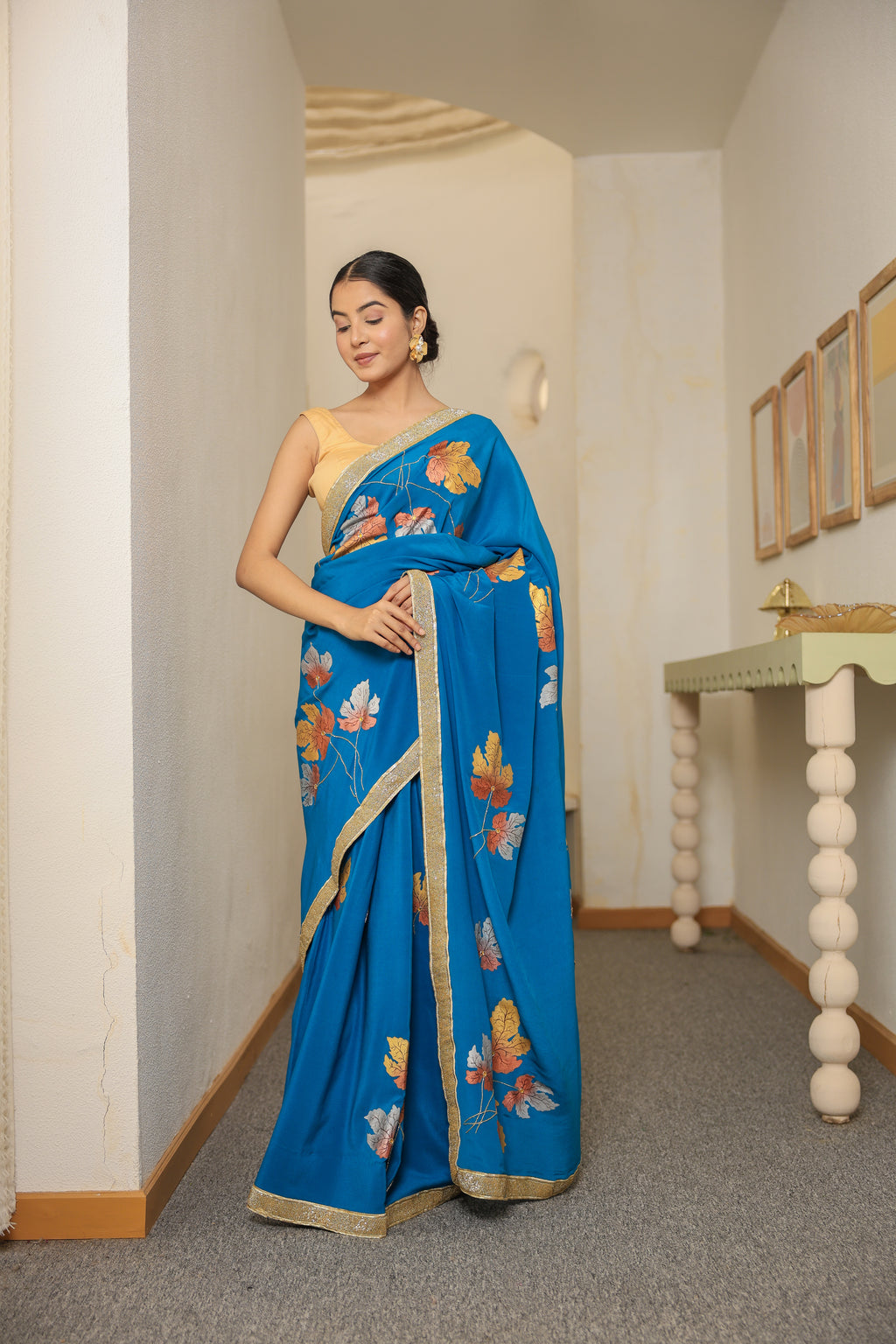 Handpainted and Hand embroidered Turquoise Pure Crepe Silk Golden Maple Saree