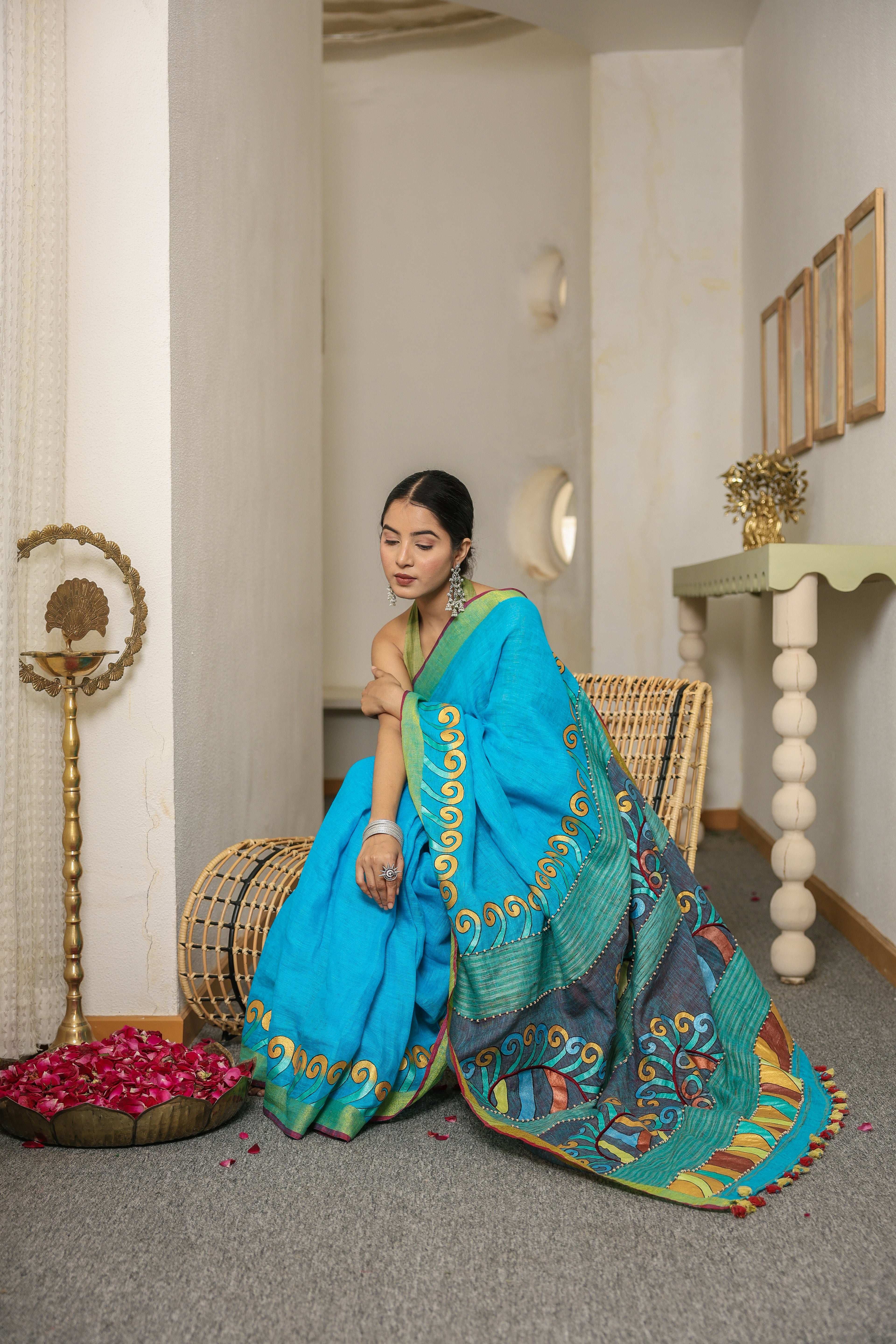 HandPainted and Hand embroidered Turquoise Blue Linen Saree