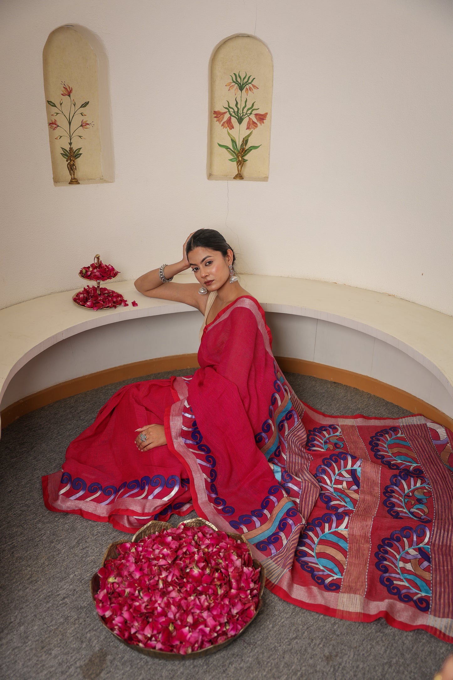 Hand-painted deep pink handloom linen saree