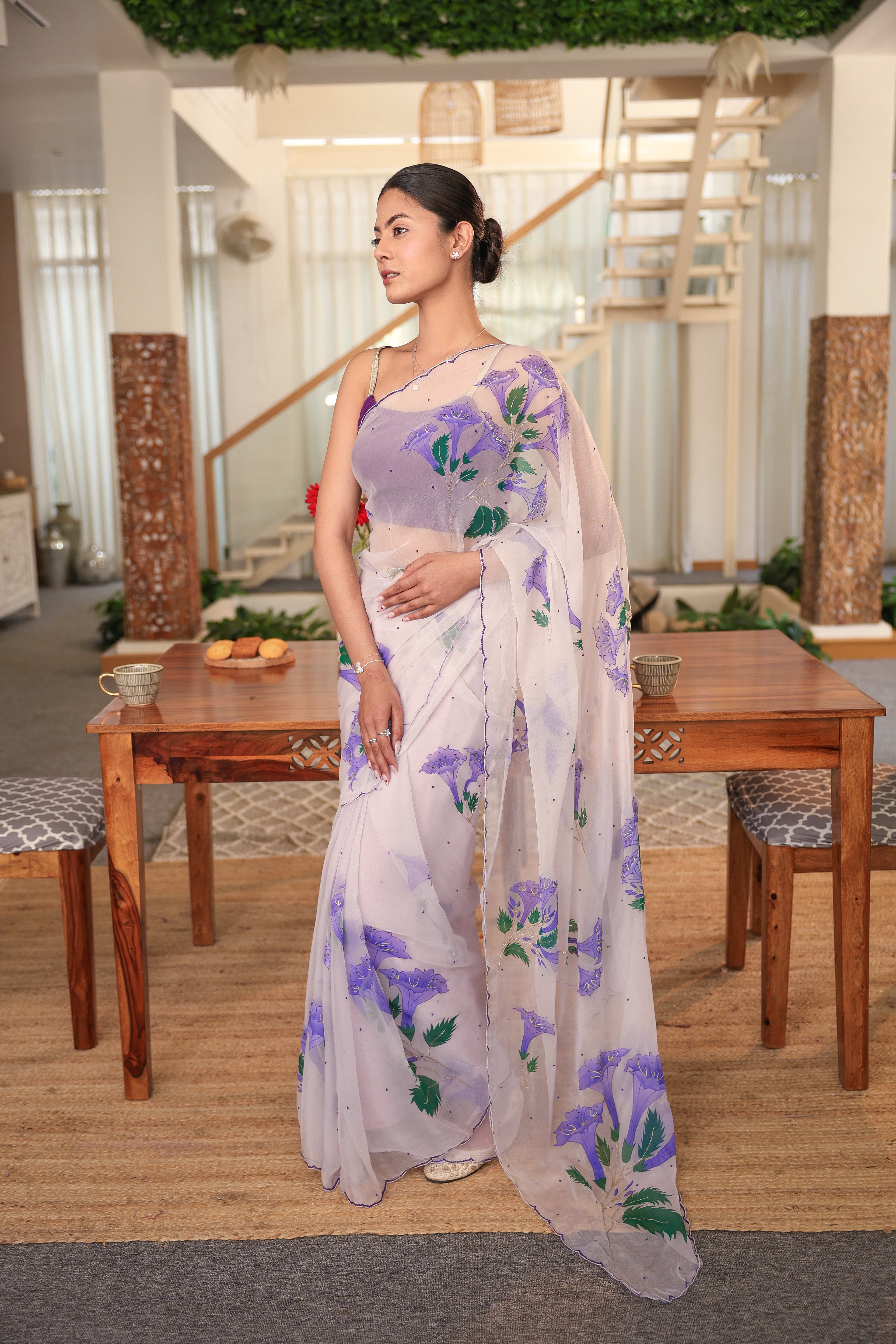 Hand-Painted and Hand-Embroidered Lilac Chiffon Bell Flower Saree