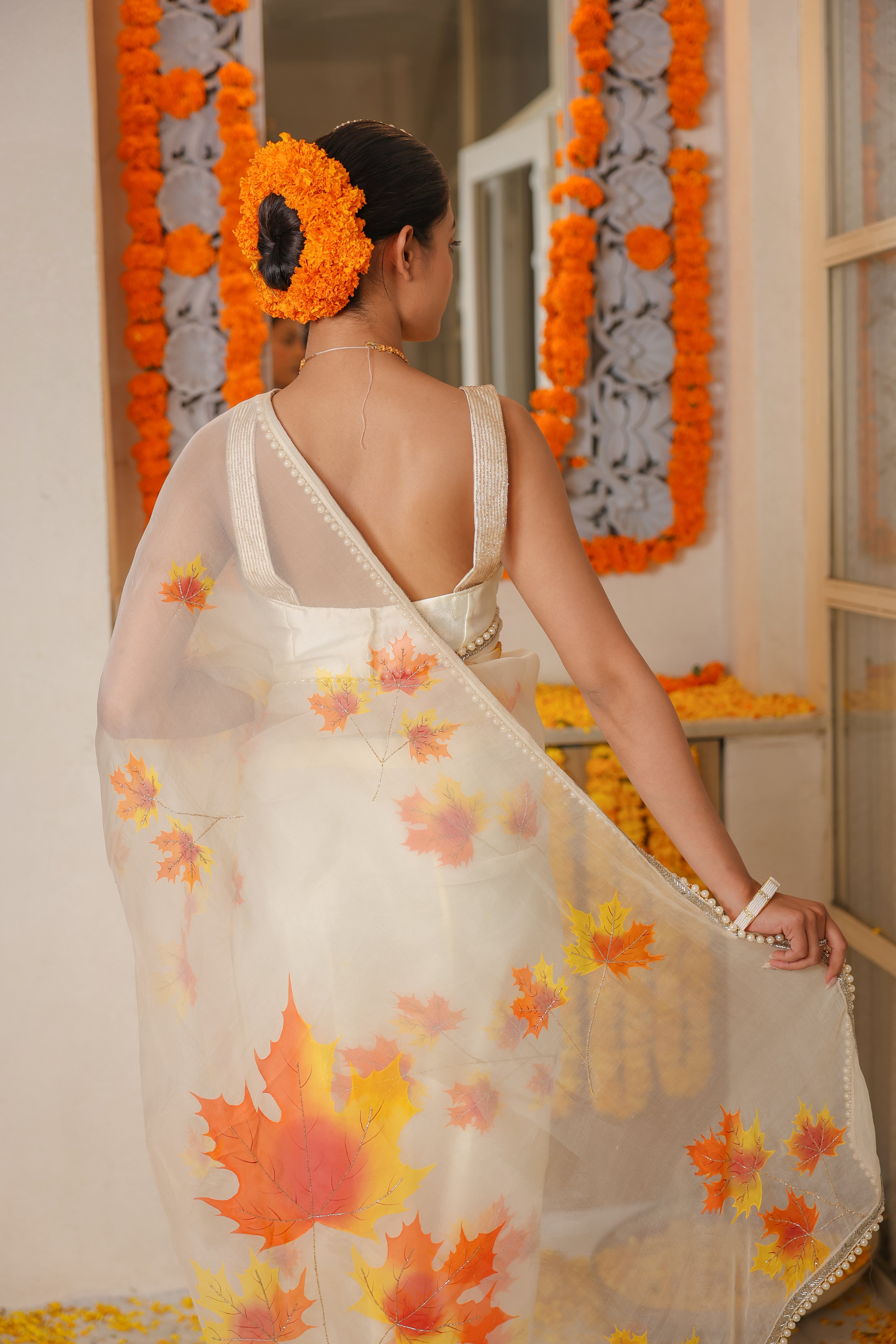 Hand-Painted and Hand-Embroidered Ivory Maple Leaf Pure Silk Organza Saree