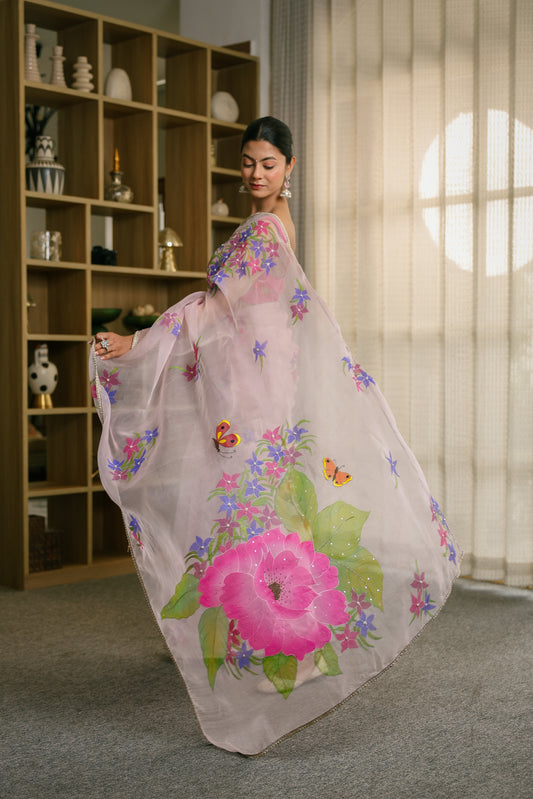 Hand-Painted Pastel Mauve Whimsical Butterfly Silk Organza Saree