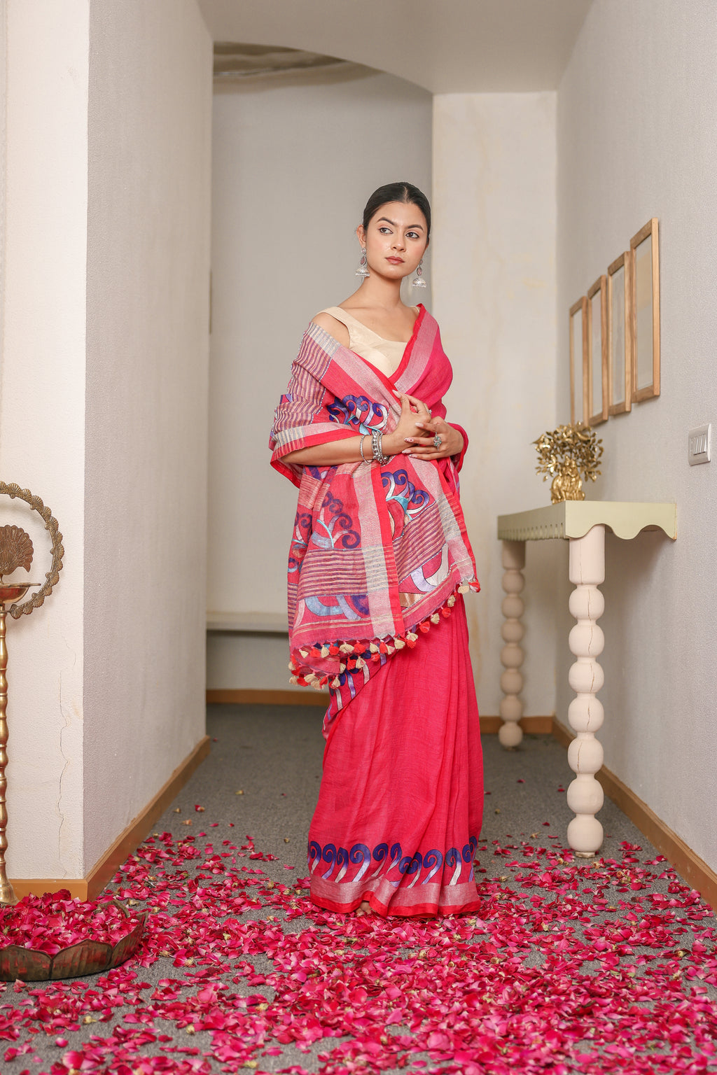 HandPainted and Hand embroidered Deep Pink Handloom Linen Saree