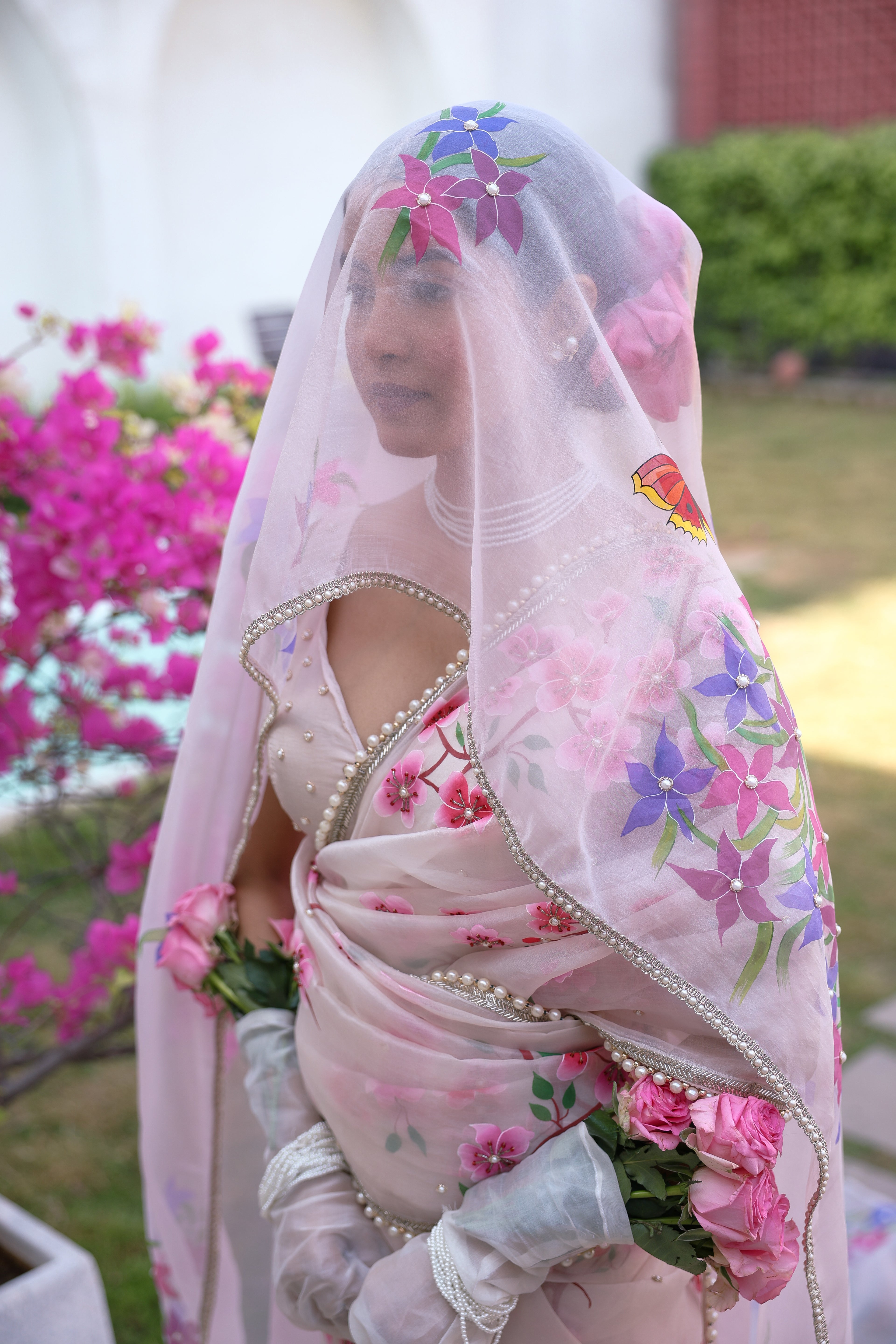 Handpainted and Hand embroidered Powder Pink Pure Silk Organza Cherry Blossom Saree