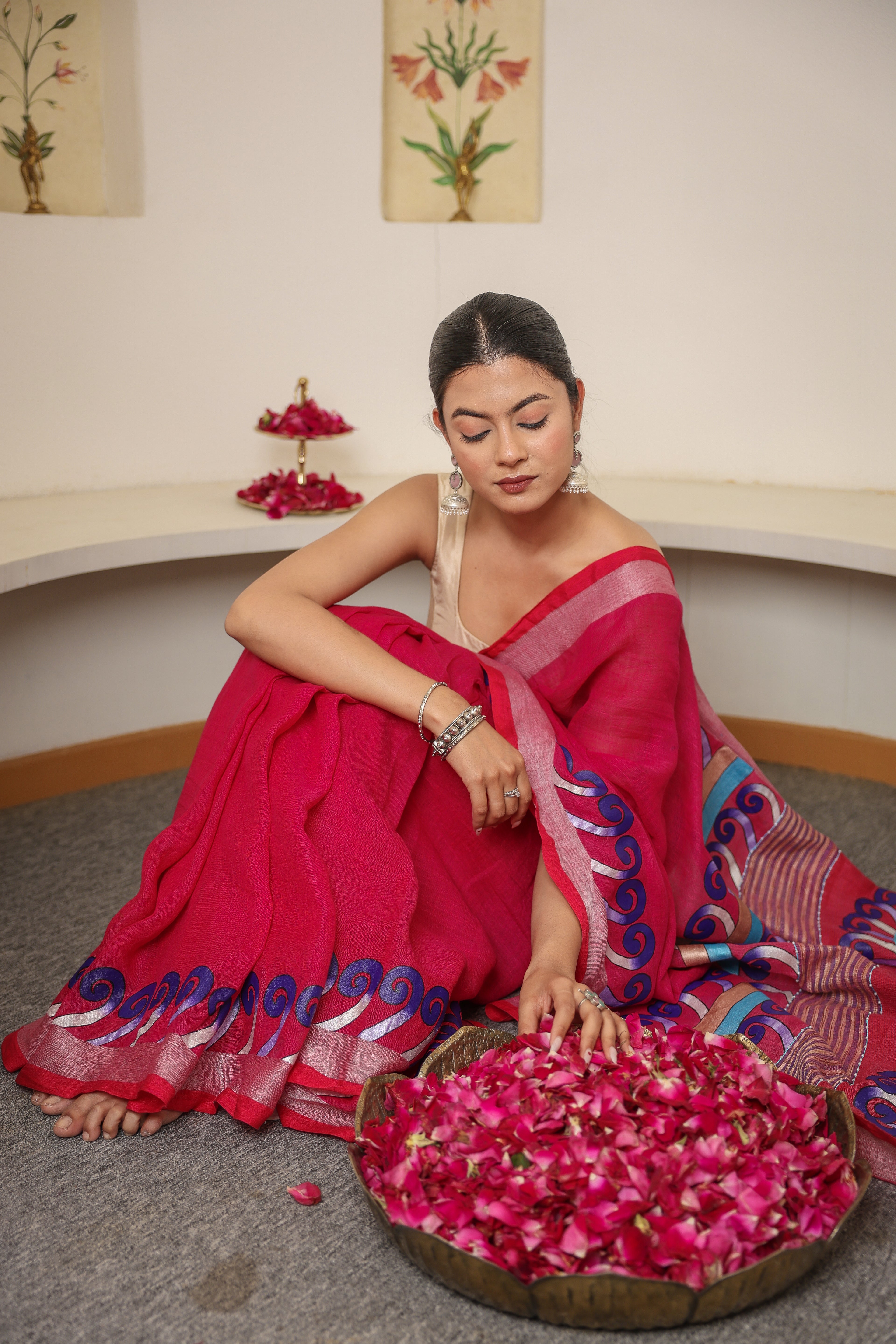 Deep Pink Hand-Painted Handloom Linen Saree with Thread & Bead Work