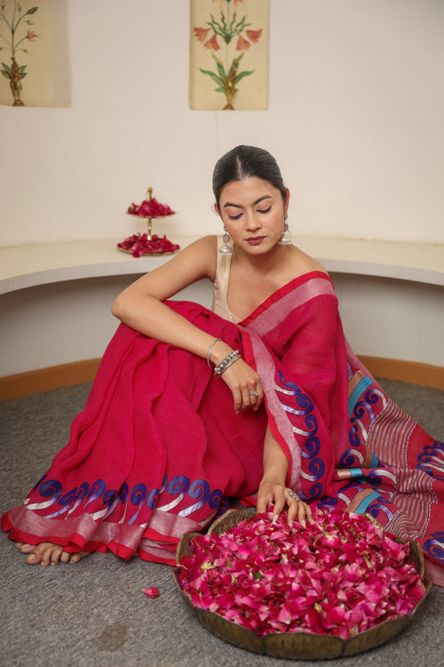 Deep Pink Hand-Painted Handloom Linen Saree with Thread & Bead Work