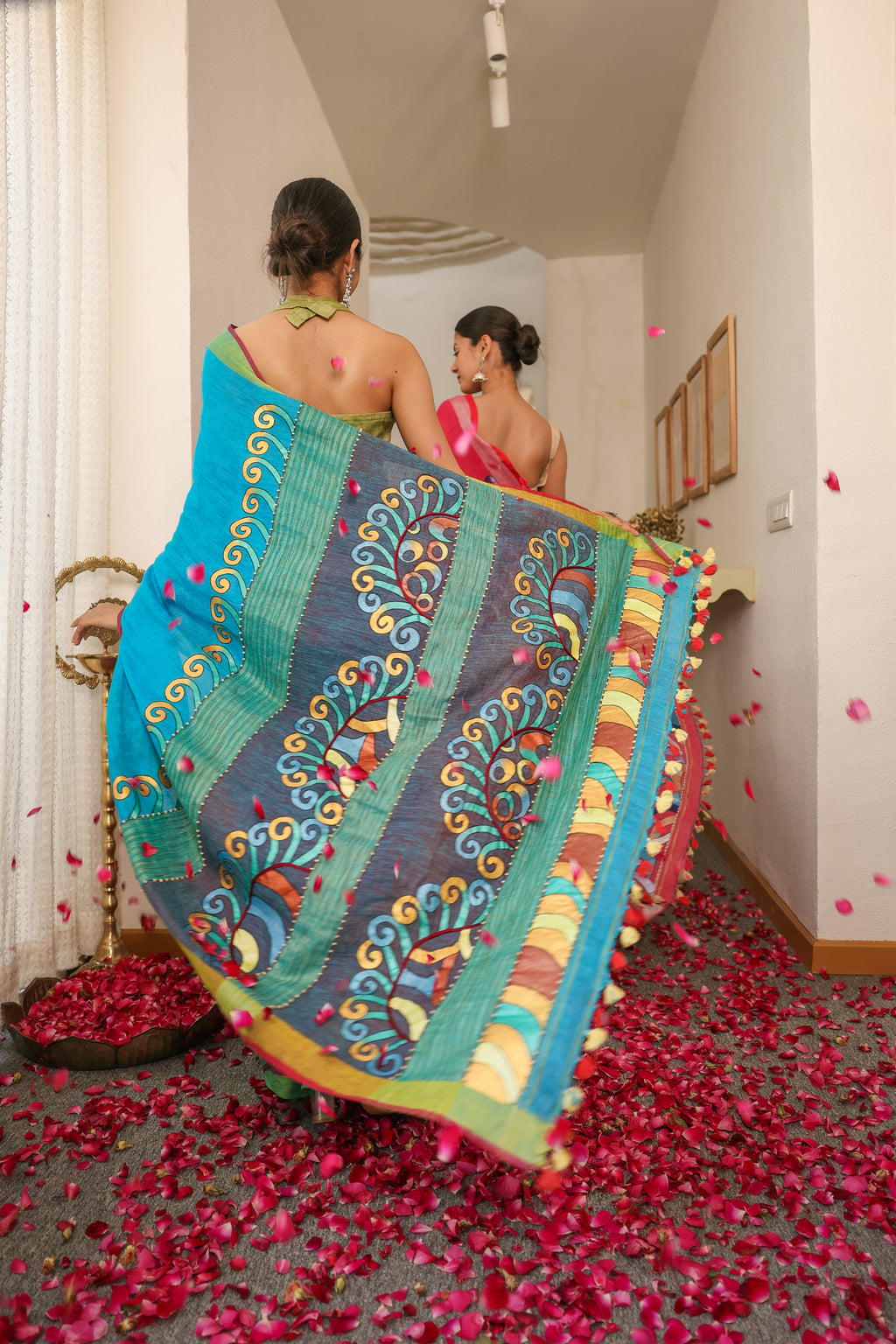 HandPainted and Hand embroidered Turquoise Blue Linen Saree