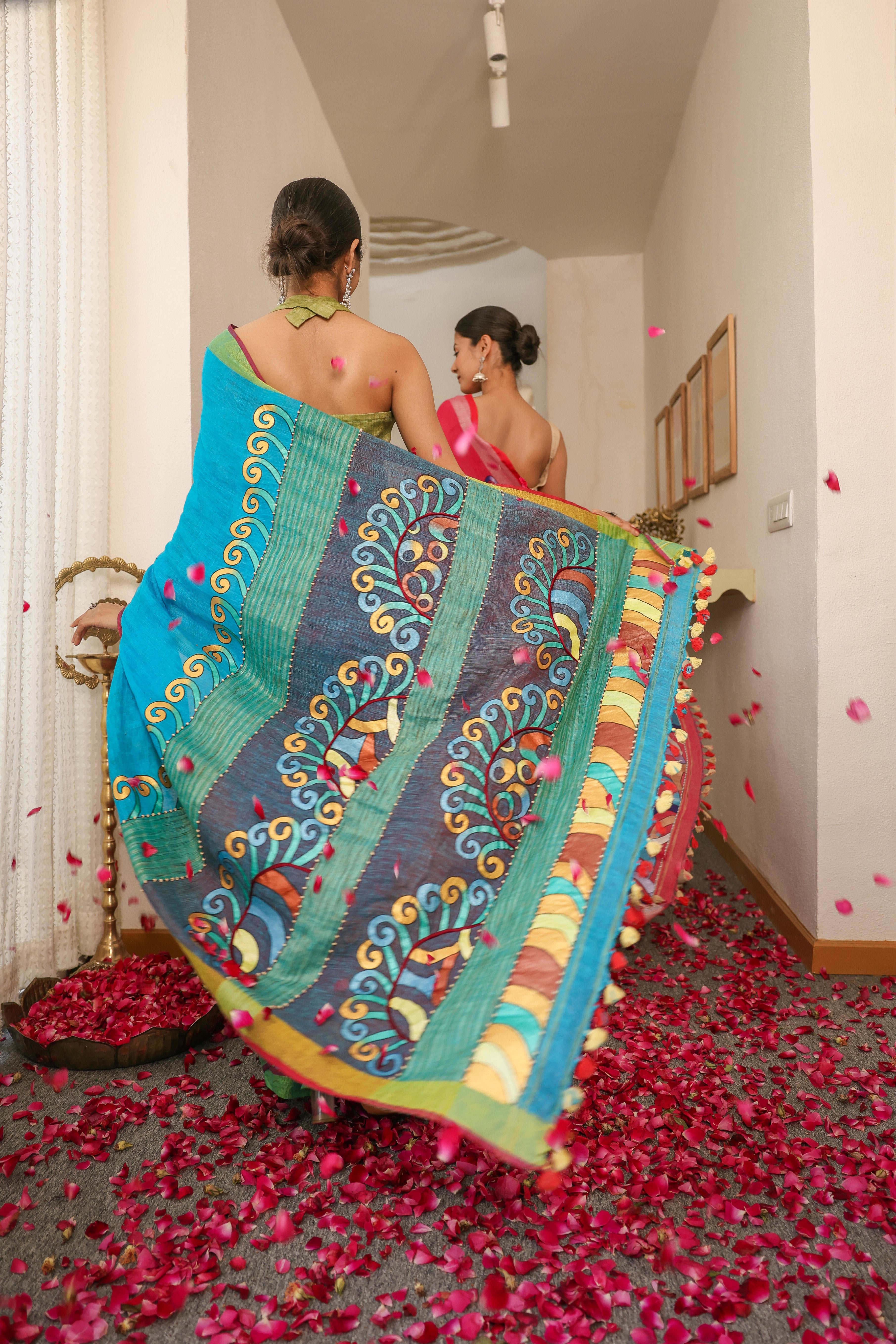 HandPainted and Hand embroidered Turquoise Blue Linen Saree