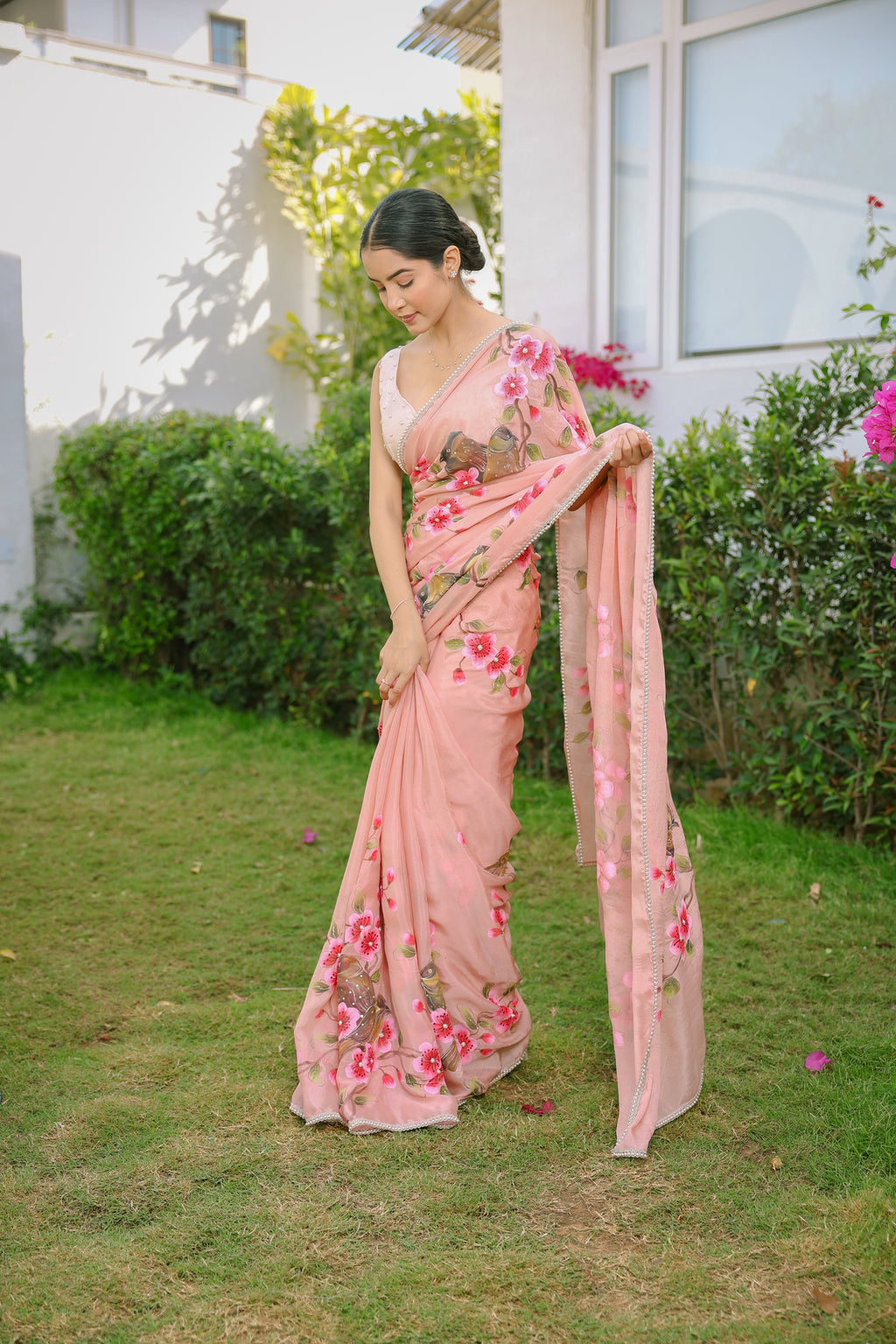 HandPainted and Hand embroidered Rose Gold Chinon Crepe Flower and Bird Saree