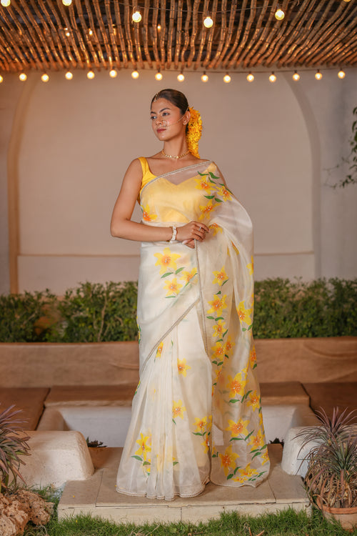 Handpainted and Hand embroidered Ivory Pure Silk Organza lily Saree