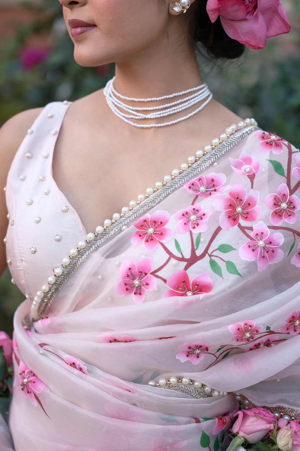 Handpainted and Hand embroidered Powder Pink Pure Silk Organza Cherry Blossom Saree