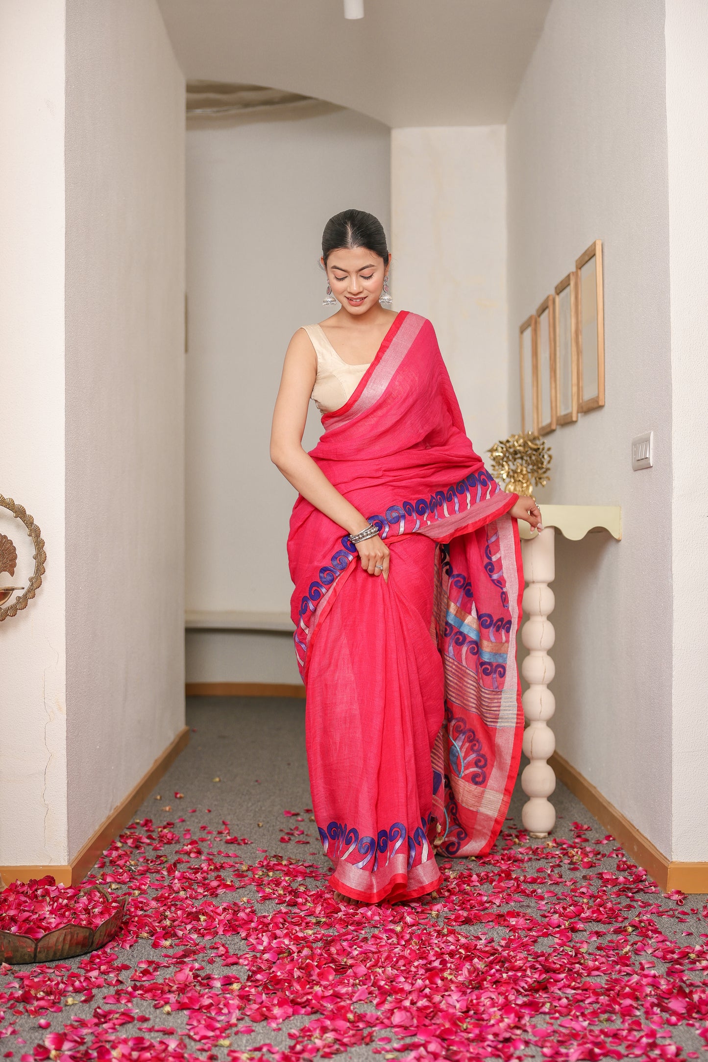 Hand-painted deep pink handloom linen saree