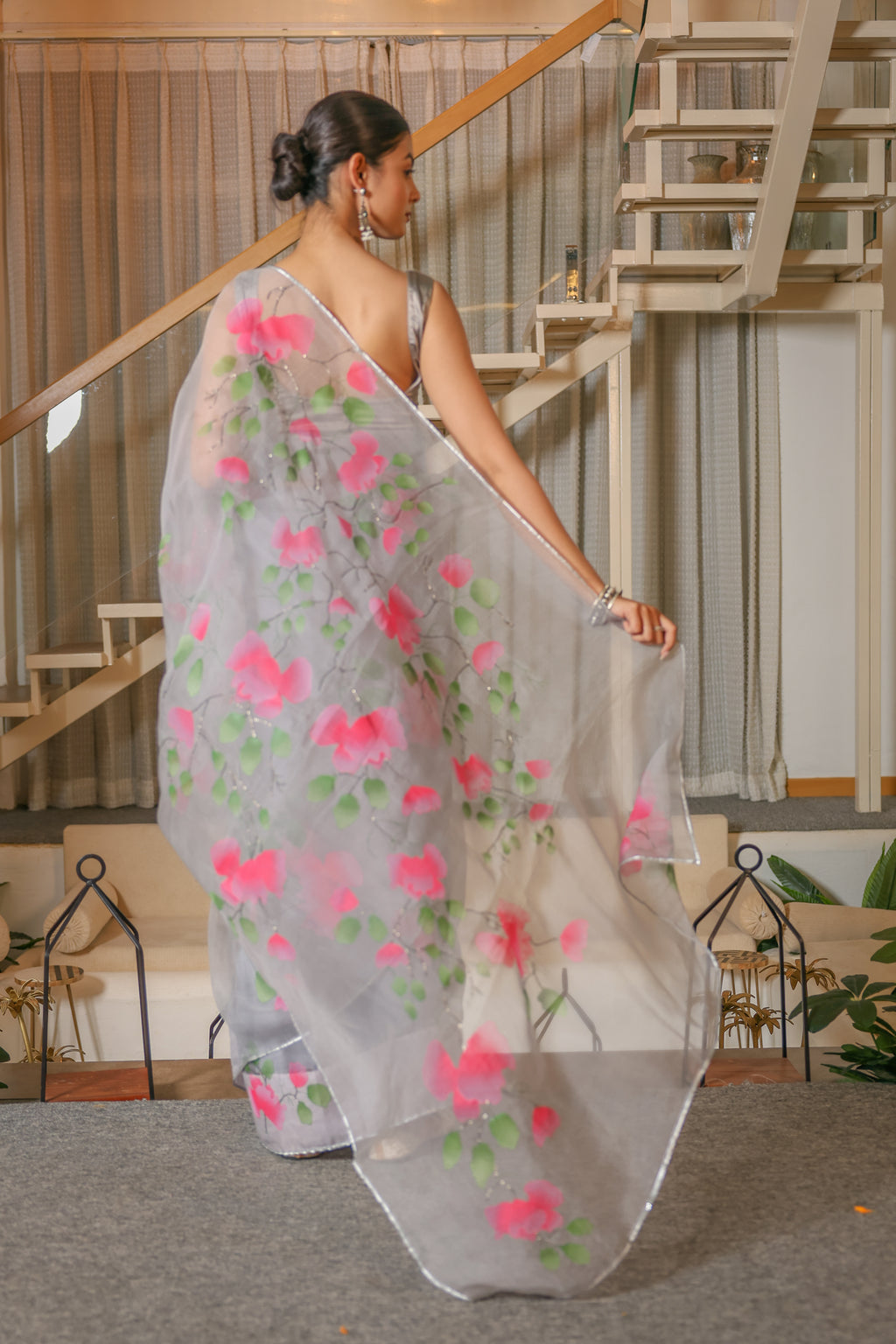 Handpainted and Hand-Embroidered Pastel Grey Pure Silk Organza Spring Rose Saree