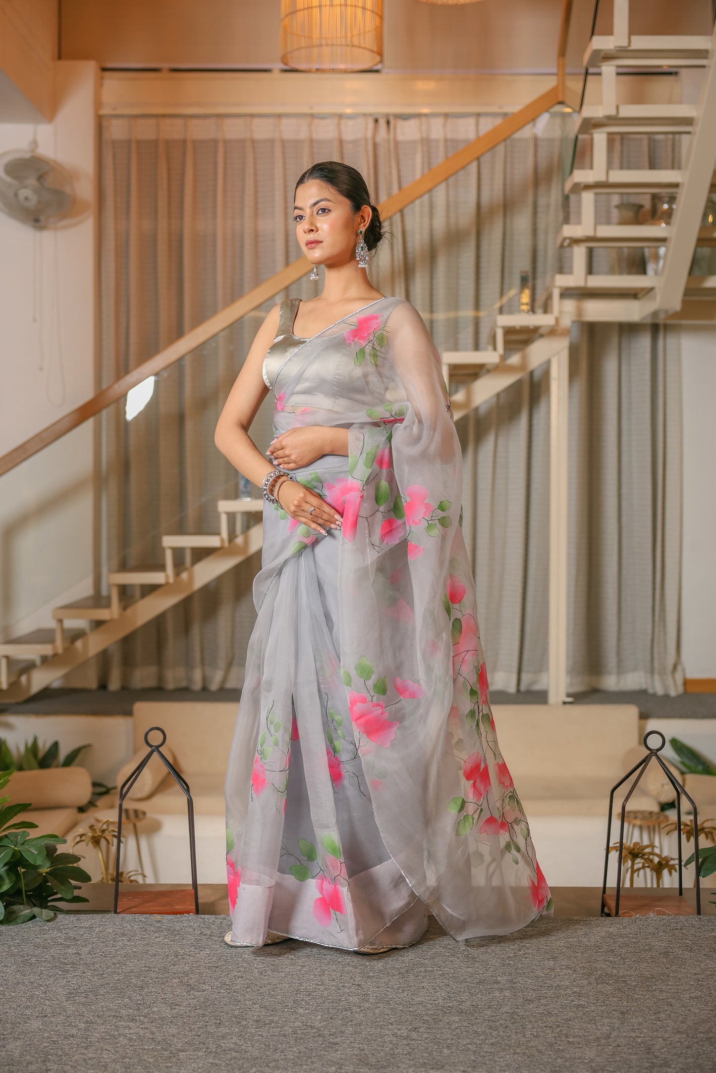 Hand-Painted Pastel Grey Silk Organza Saree