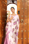 Handpainted and Hand embroidered Lavender Natural Crepe Saree