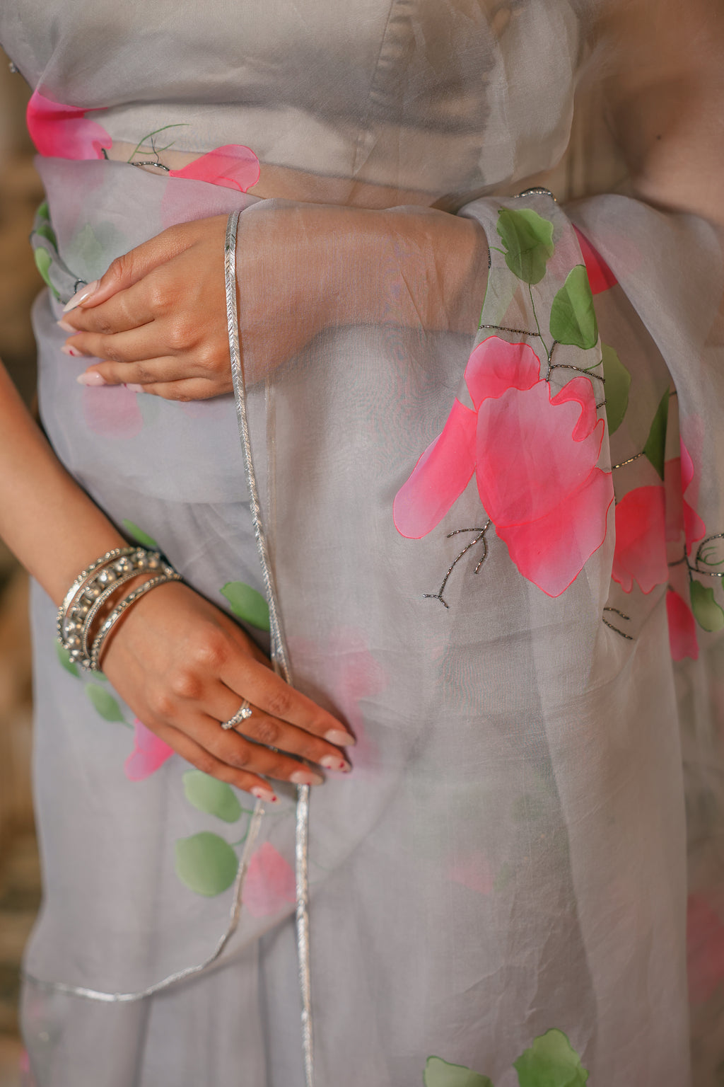 Handpainted and Hand-Embroidered Pastel Grey Pure Silk Organza Spring Rose Saree