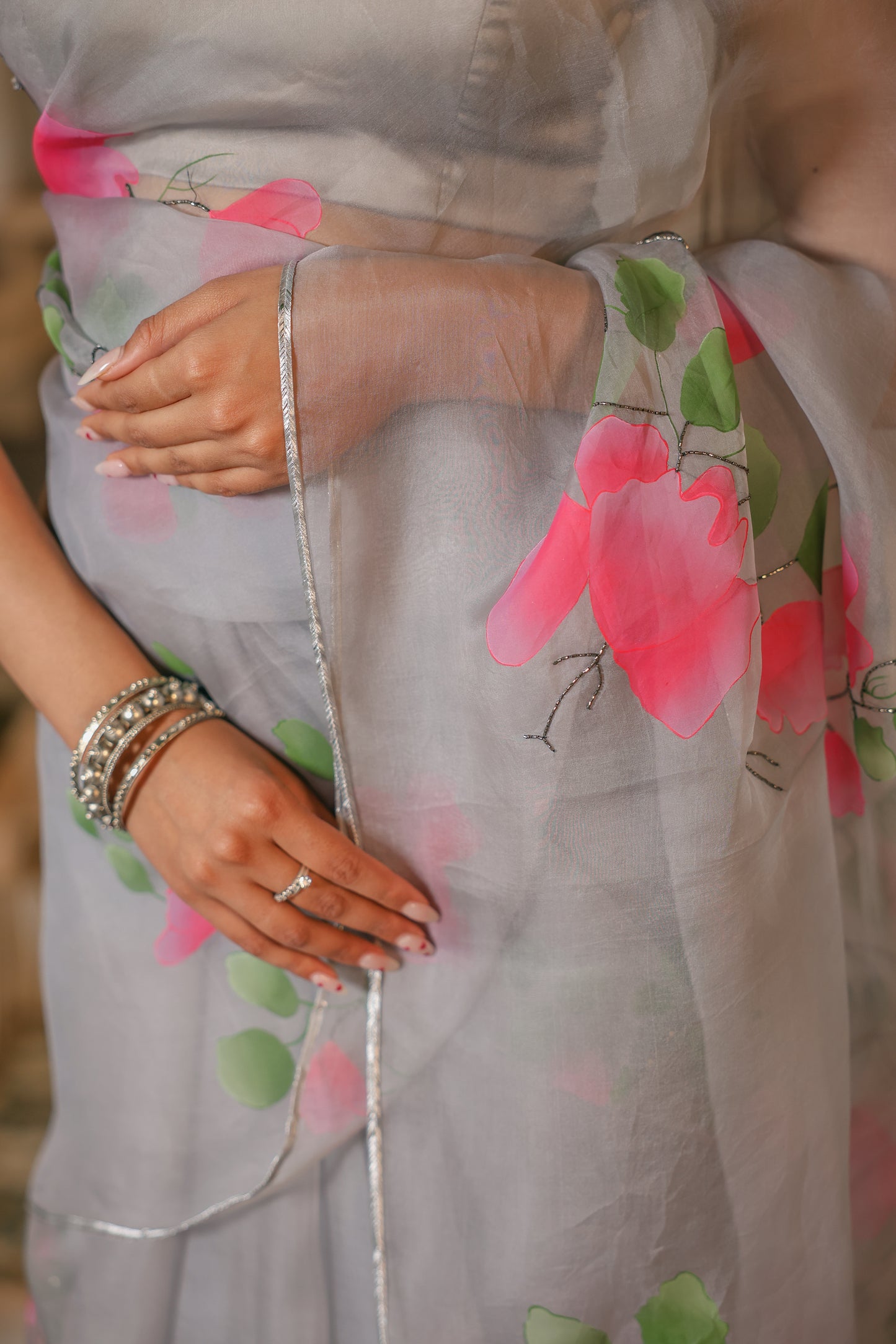 Hand-Painted Pastel Grey Silk Organza Saree
