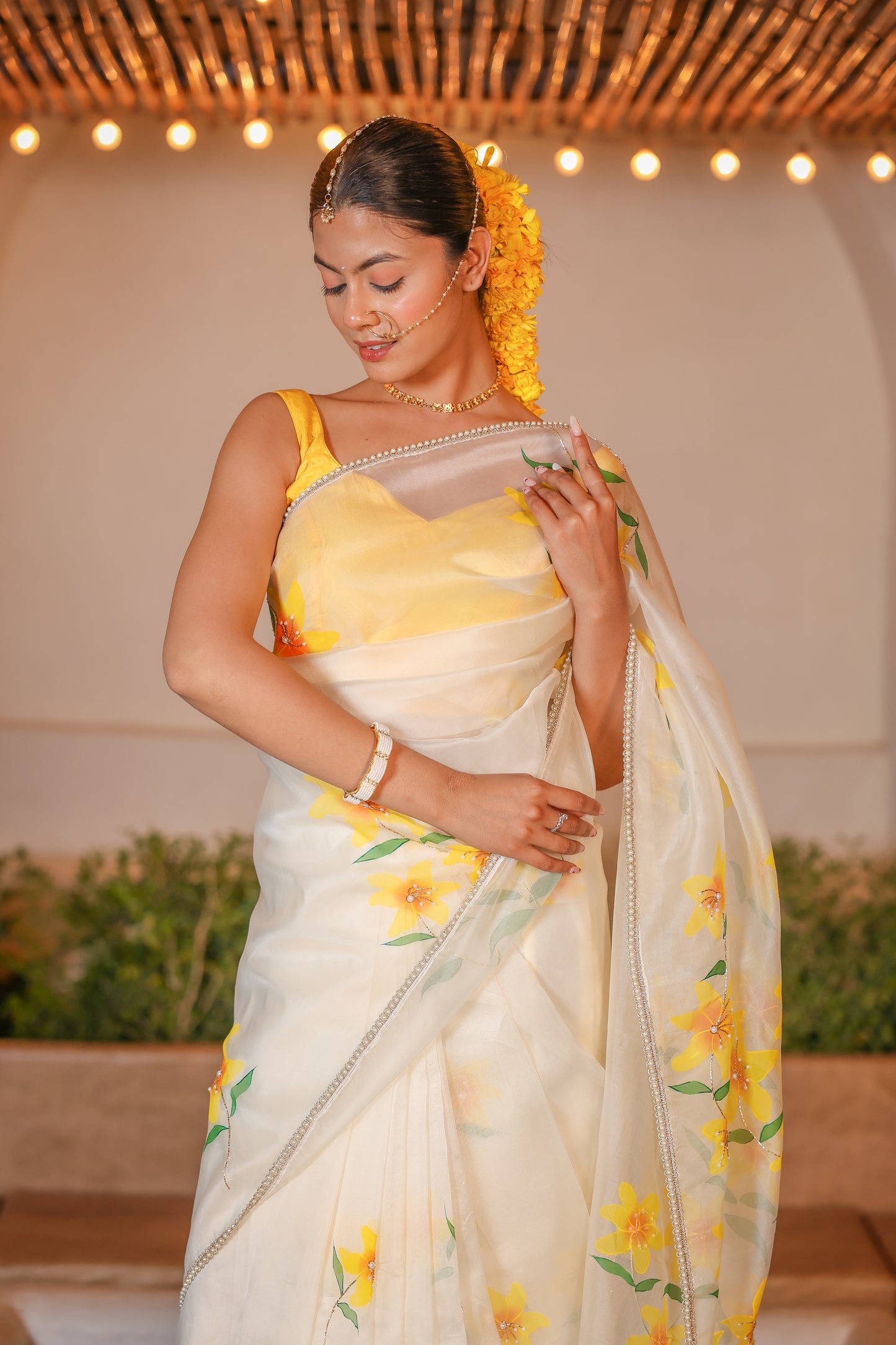 Hand-Painted Ivory Lily Silk Organza Saree
