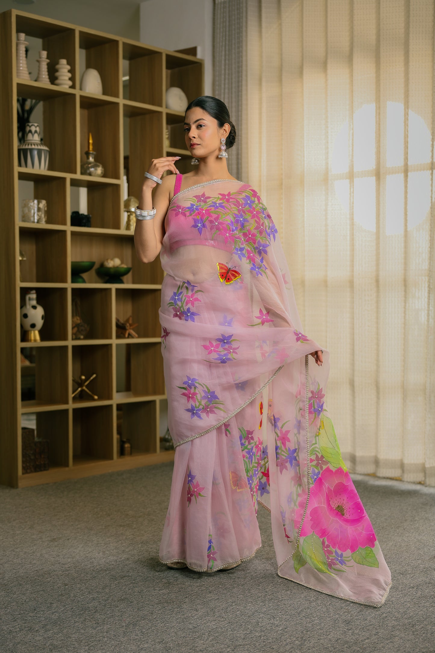 Hand-Painted Pastel Mauve Whimsical Butterfly Silk Organza Saree