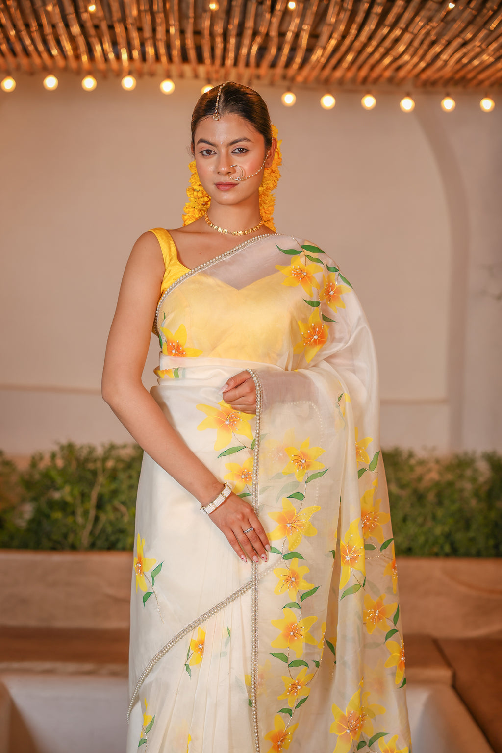Handpainted and Hand embroidered Ivory Pure Silk Organza lily Saree