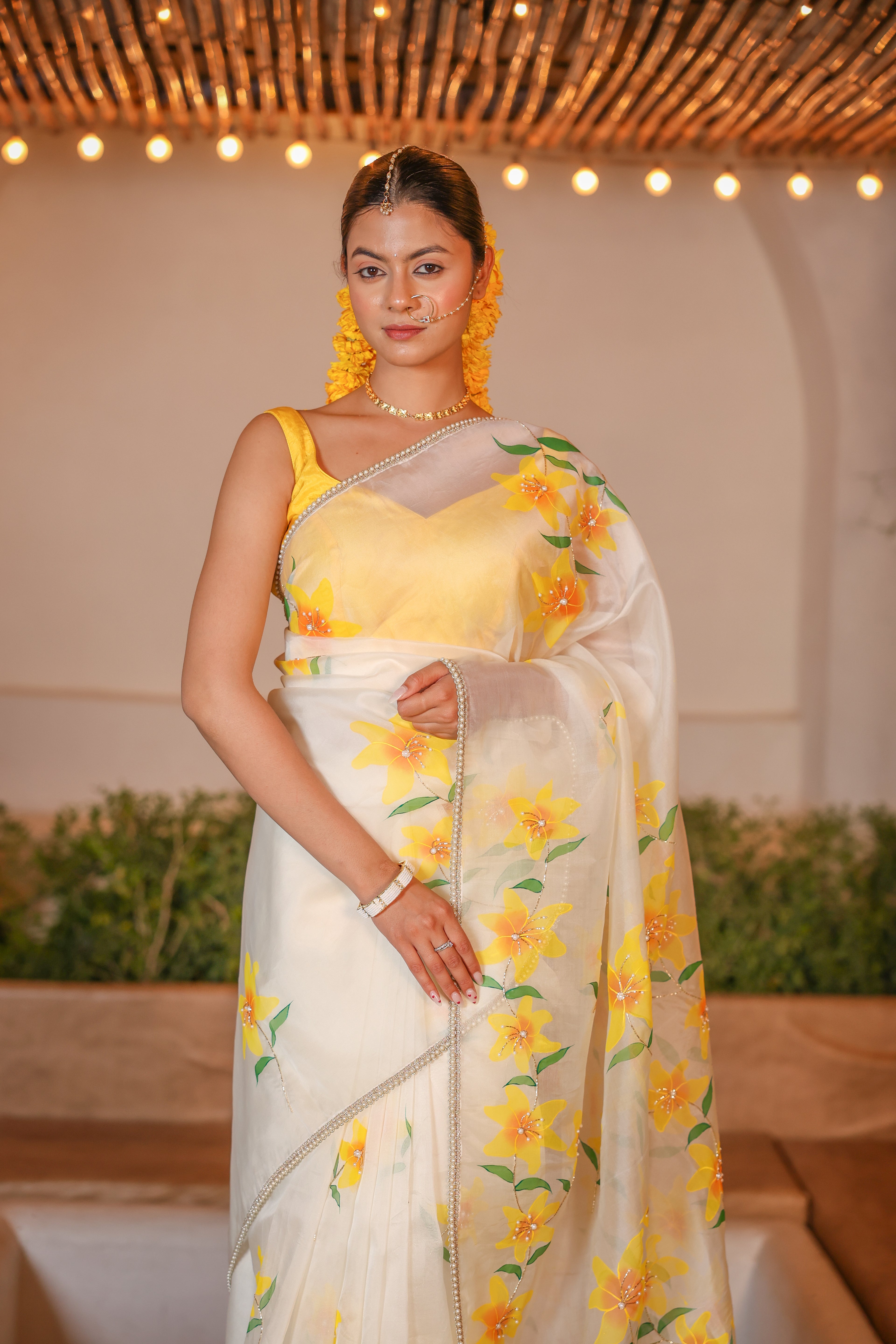Handpainted and Hand embroidered Ivory Pure Silk Organza lily Saree