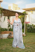 Handpainted and Hand embroidered Pastel Blue Pure Silk Organza Swan Saree