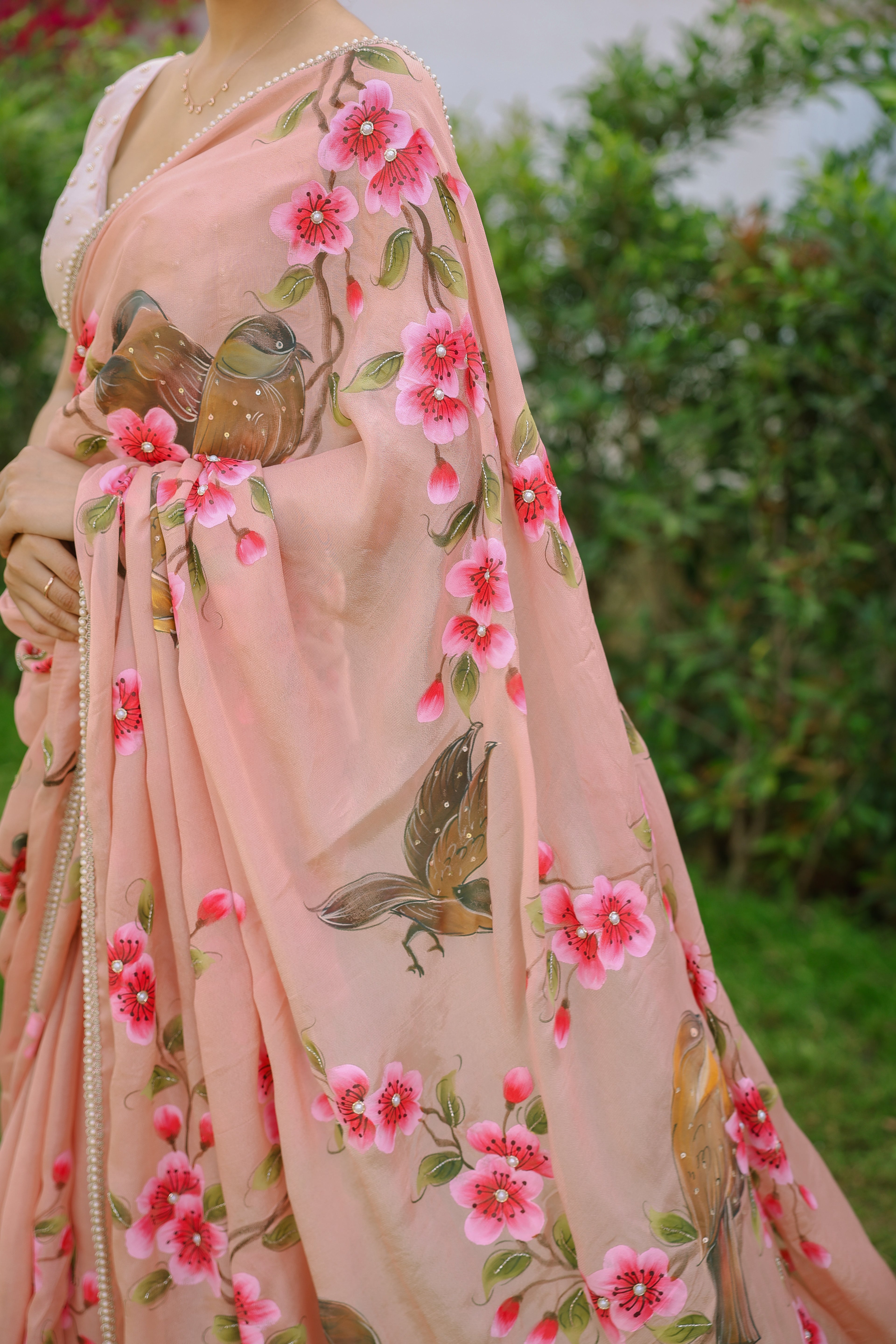 HandPainted and Hand embroidered Rose Gold Chinon Crepe Flower and Bird Saree