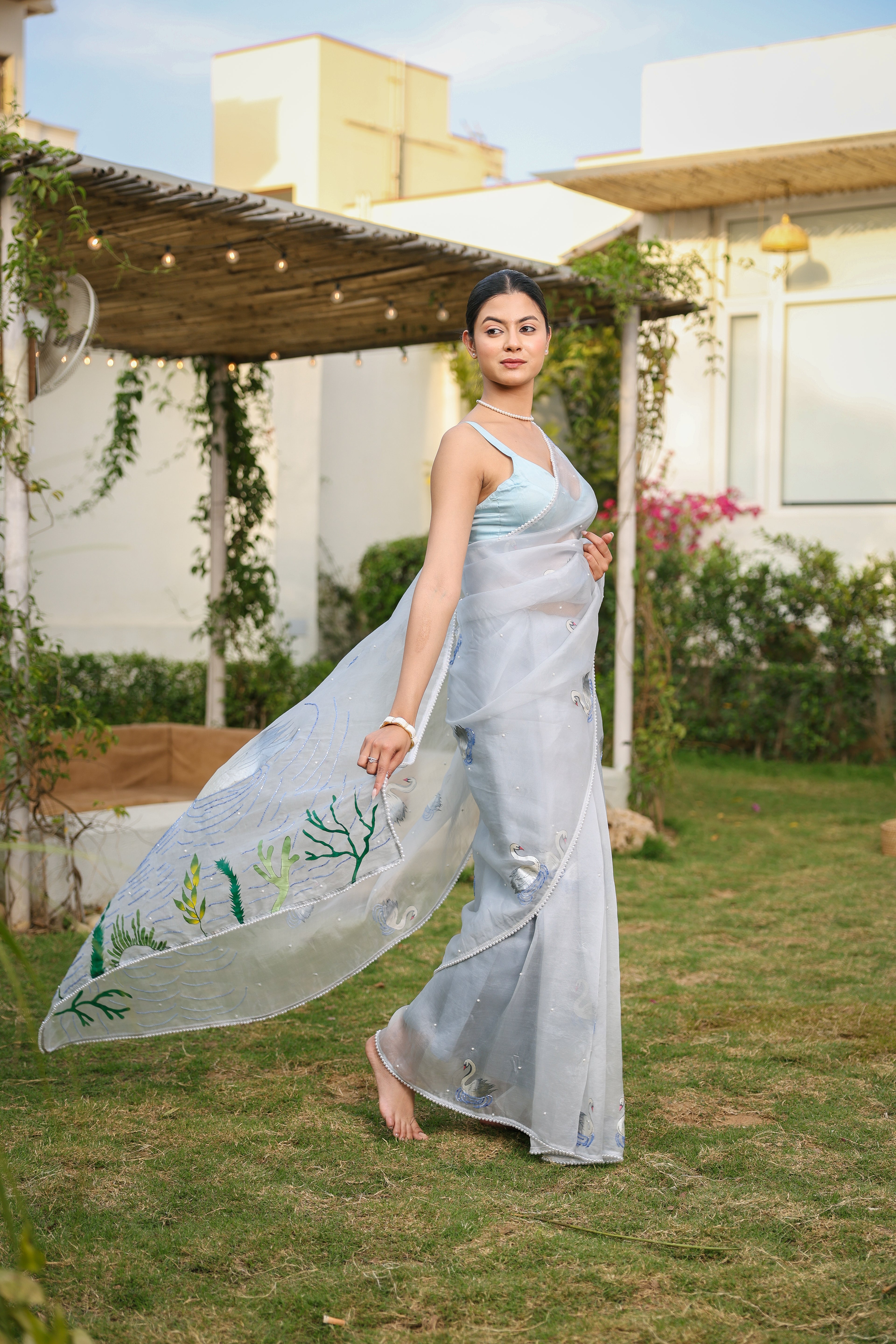 Pastel Sky Blue Silk Organza Saree with Pearl & Glass Bead Handwork