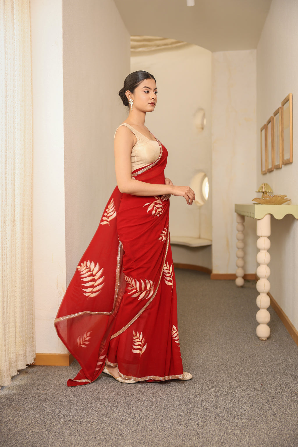 Hand-Painted and Hand-Embroidered Crimson Shimmer Chiffon  Fern Saree