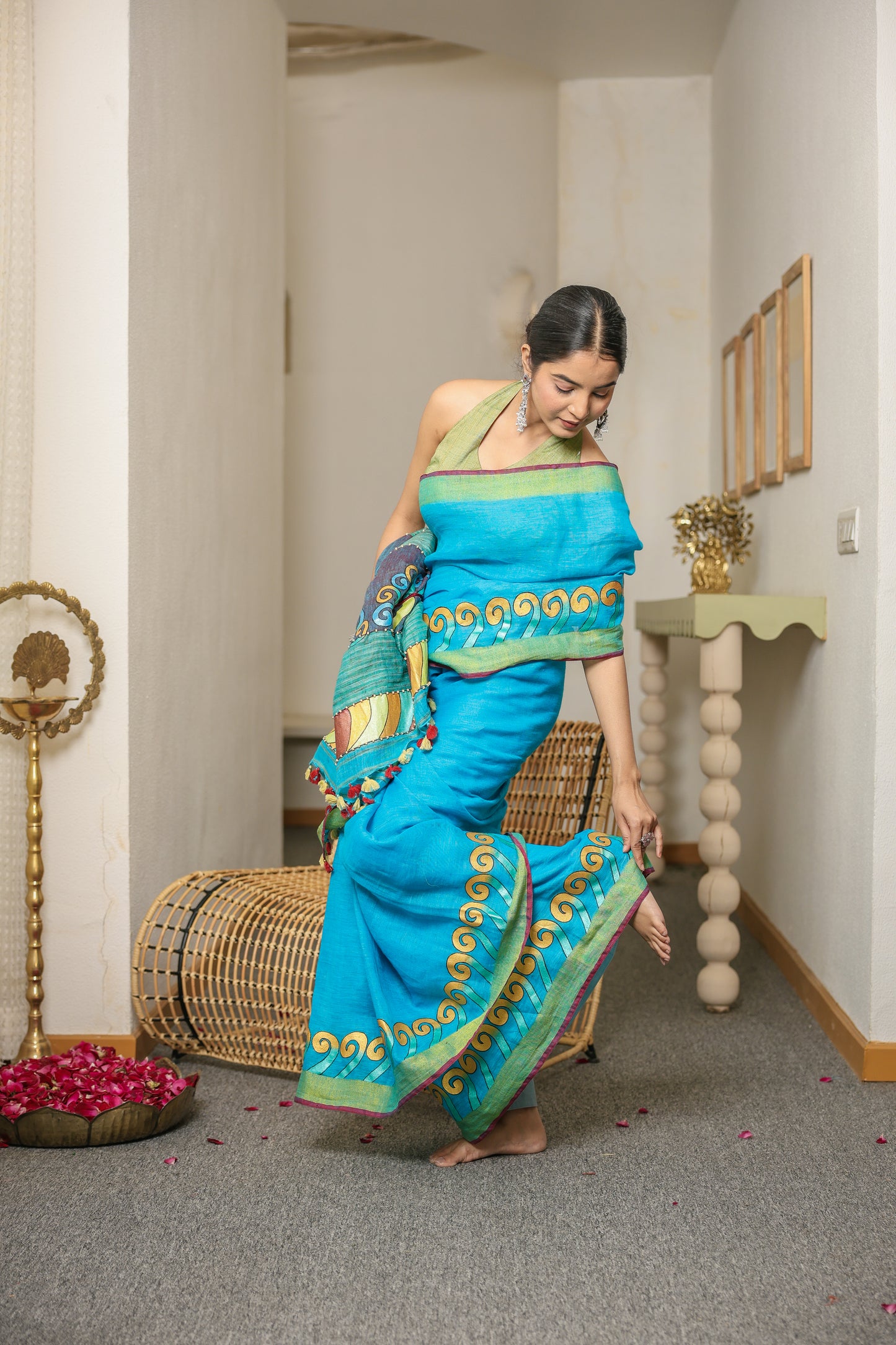 Hand-painted turquoise blue handloom linen saree