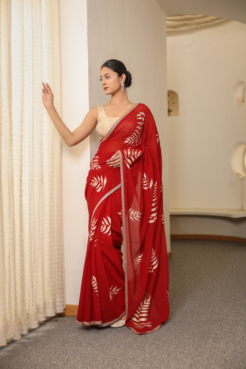 Hand-Painted and Hand-Embroidered Crimson Shimmer Chiffon  Fern Saree