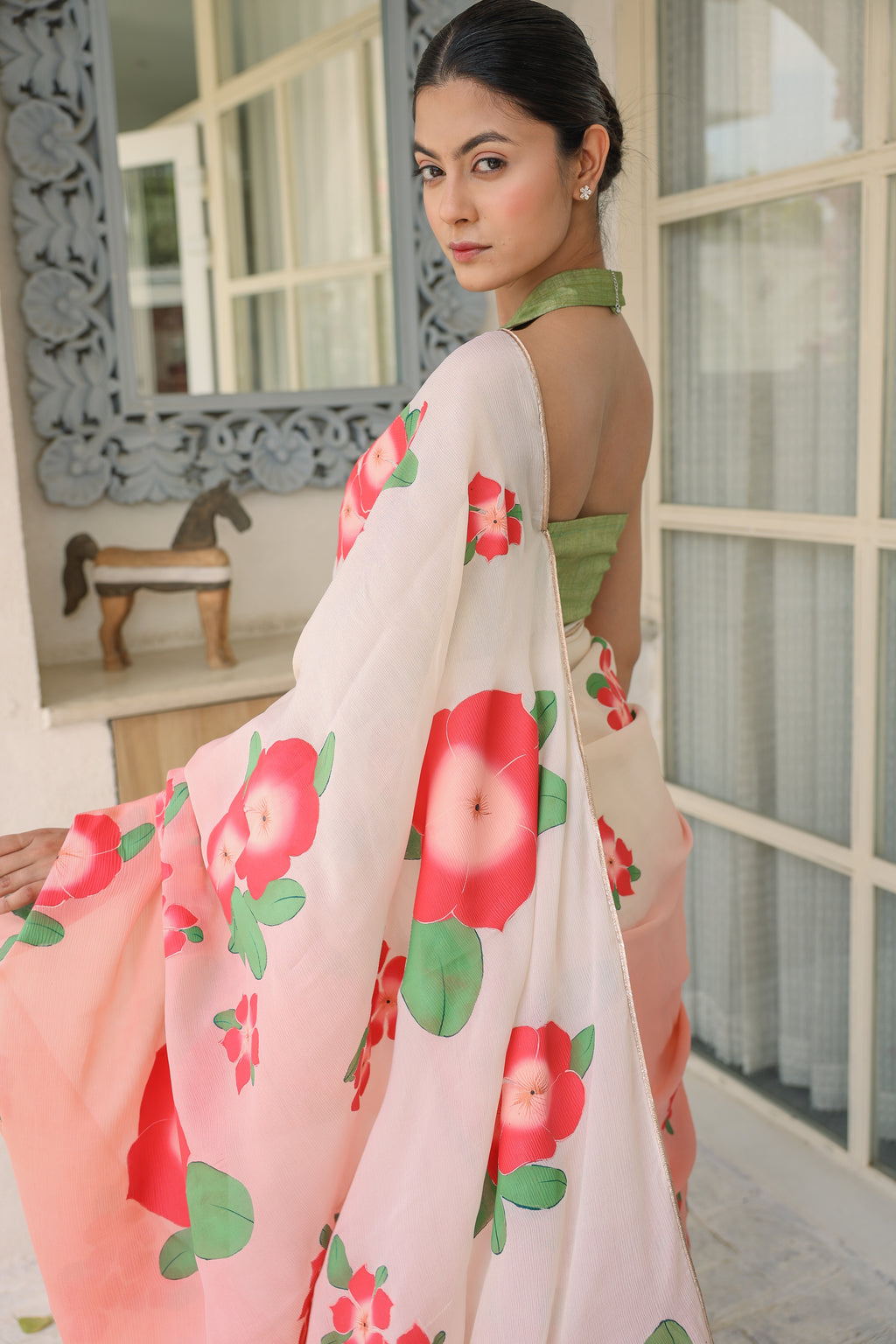 Handpainted Ombre Peach Pure chinon Chiffon Saree
