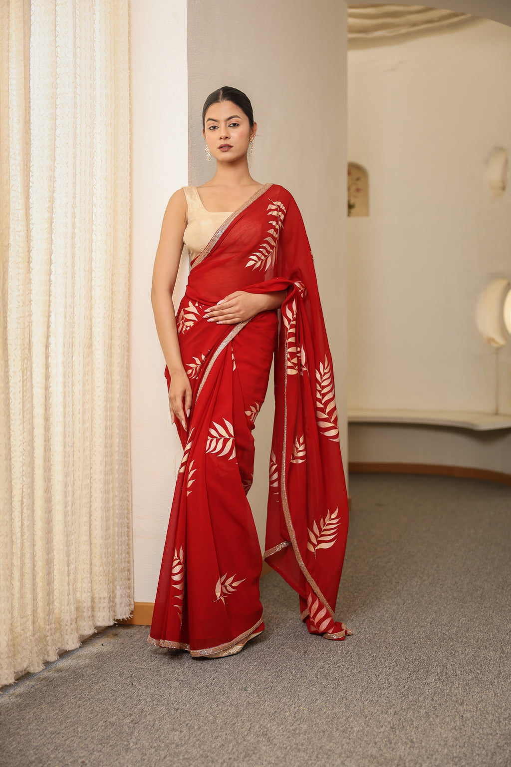Hand-Painted and Hand-Embroidered Crimson Shimmer Chiffon  Fern Saree